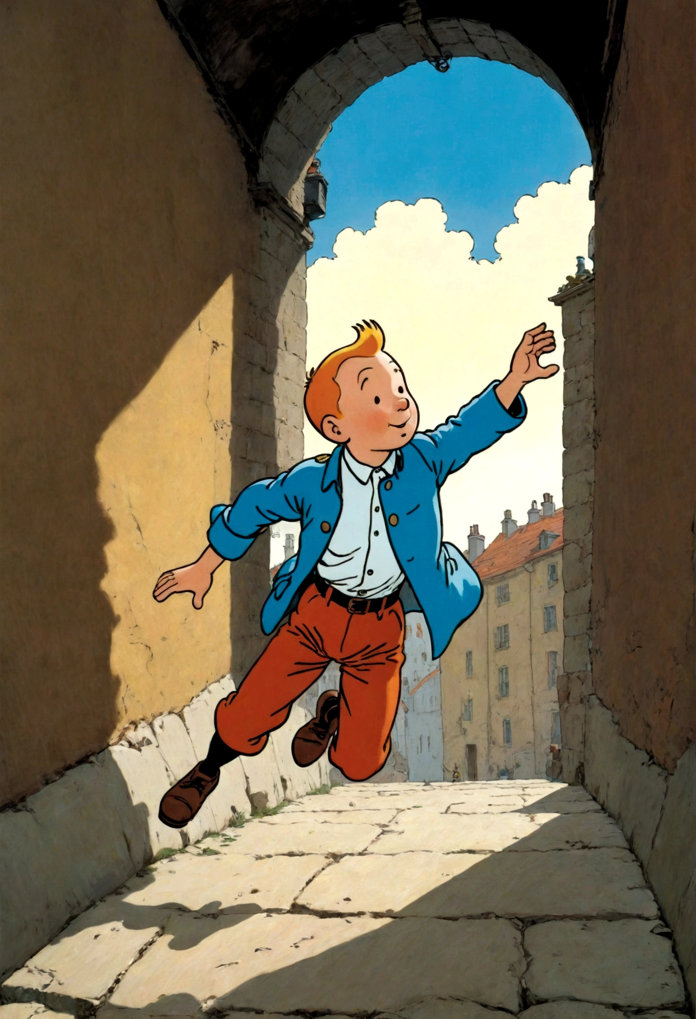 1boy, Tintin, "the adventures of tintin", by herge, heroic pose, dynamic pose, dramatic composition, cinematic camera angle, european comics, 90s cartoon art style, cinematic dynamic action scene, vibrant colors, cinematic lighting, dramatic lighting, best quality, masterpiece, very aesthetic, perfect composition, intricate details, ultra-detailed