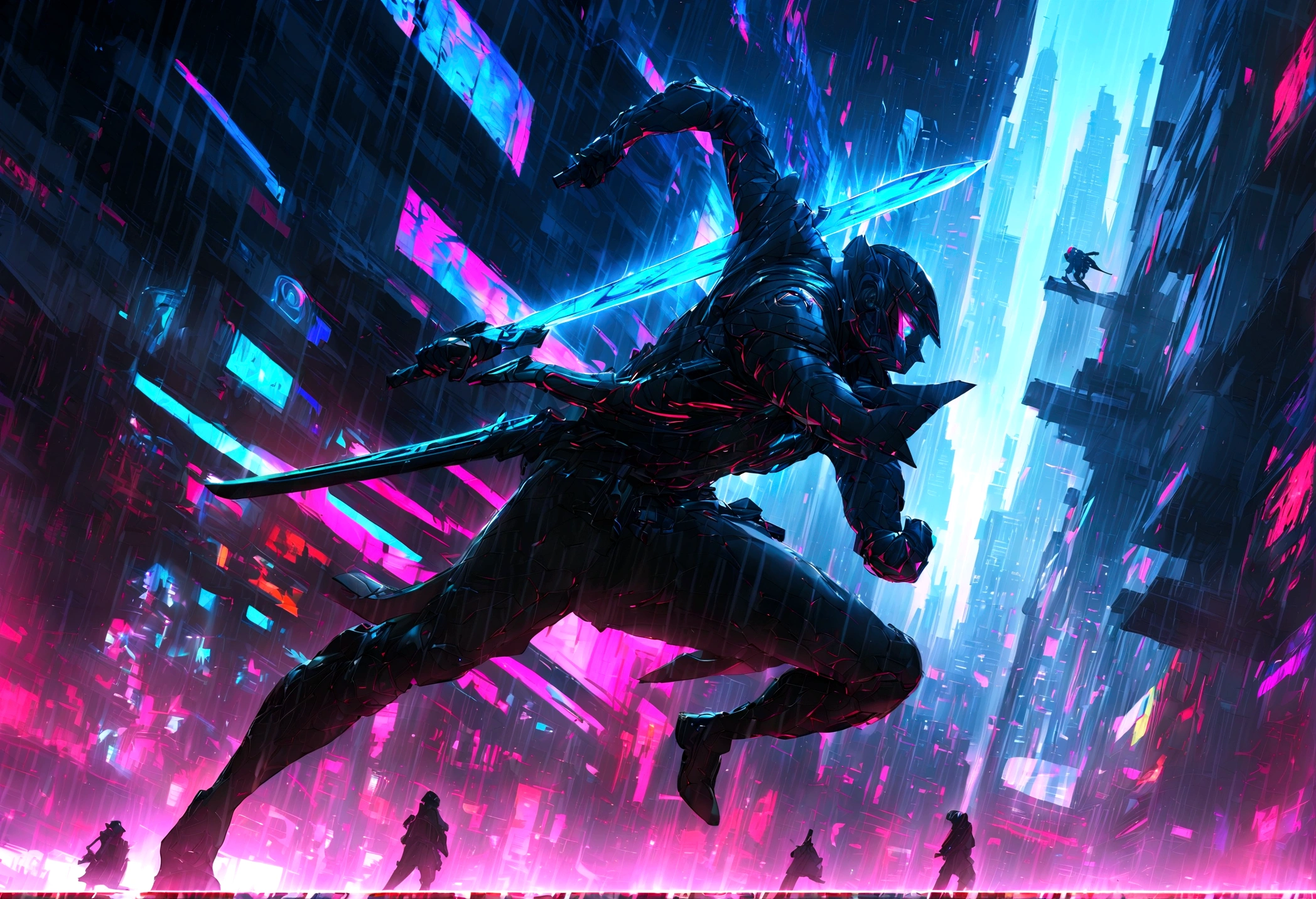 Cyber Ninjas in a Dystopian World, Wearing a stylish black armor suit、, Glowing blue eyes and advanced cybernetic enhancements. Ninjas are seen in dynamic action poses, Jump over neon-lit rooftops, rain pouring down、reflection on a smooth surface. The cityscape below is filled with towering skyscrapers., illuminated by colorful holographic advertisements. Depicts a ninja sword, Its blade shines with blue energy, Ready for strike. The overall atmosphere is dark and mysterious., Has a futuristic techno vibe. The lighting is dramatic, Intense highlights and deep shadows, Creates depth and tension. Color Palette