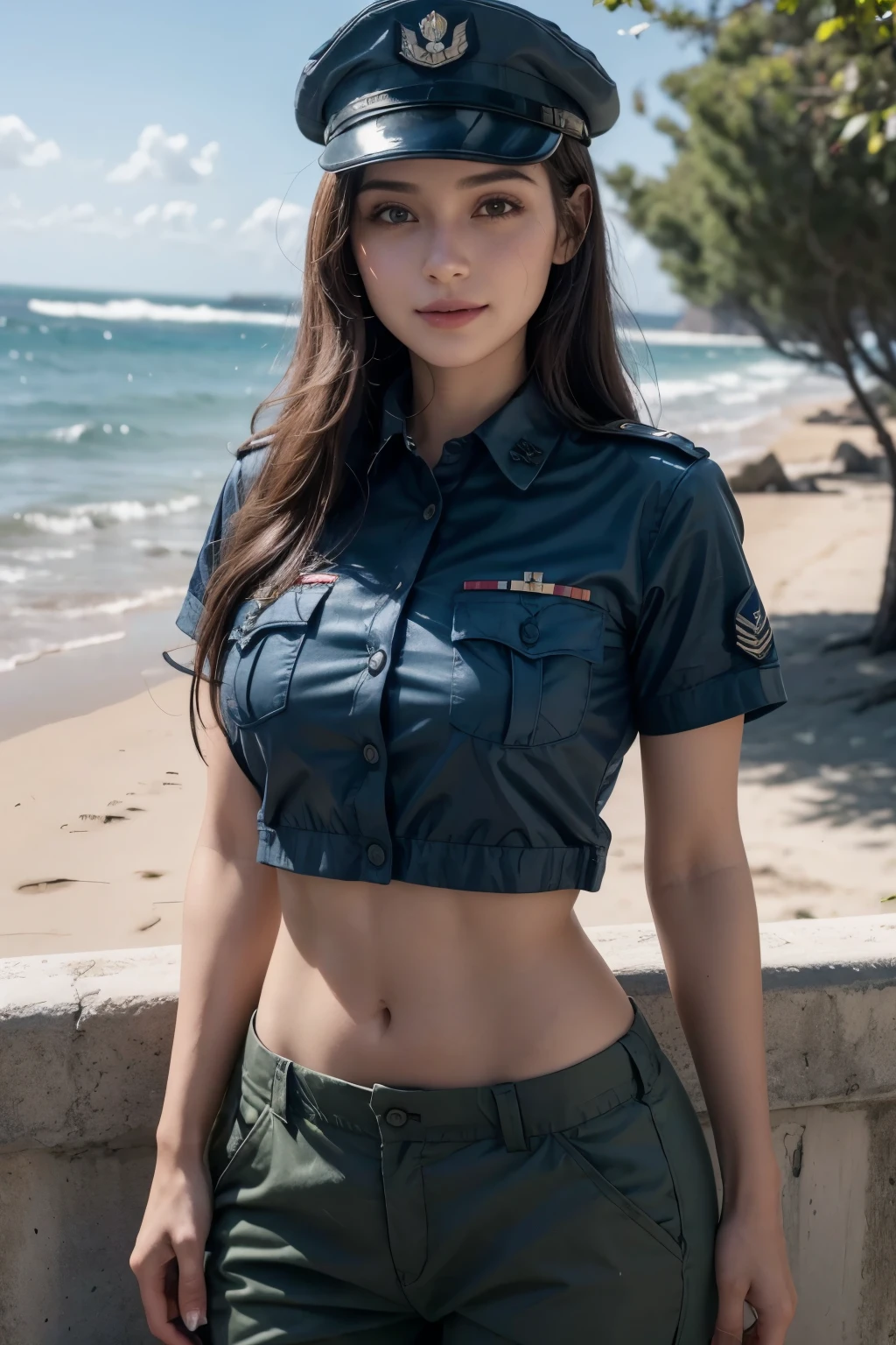Mulher indiana de pele clara, 23 anos, rosto bonito e (Olhos atraentes), As ondas do sol em seus cabelos dourados emolduram seus lindos olhos azul-oceano, enquanto ousado, Obra de arte, 4k, (penteado longo), (batom cor de rosa), (sorridente leve), (cabelo vermelho), Her light black hair is styled in loose waves., enquadrando seu rosto perfeitamente. (1 garota), HDR, realista, photorealista, detalhado, retrato, sorridente, inventar, joia, ((vestindo uniforme militar)), ((air force)), (((estudante, military cap, military shirt and pants))), military aircraft carrier background