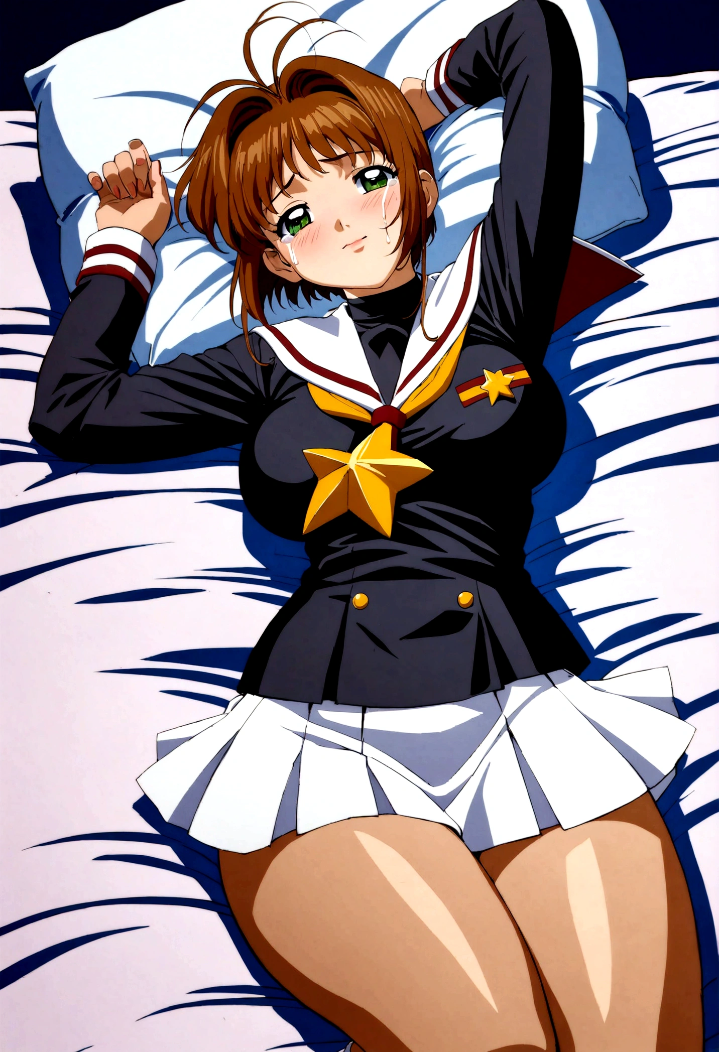(masterpiece, best quality: 1.2),(very detailed face, real image, realistic skin, realistic body, intricate details),1 woman, Kinomoto Sakura, brown hair, alone, skirt, green eyes, Short hair, have, white skirt, white hat, Magic Girl, Antenna hair, laugh, serafuku, pleated skirt, dehisce, looking at viewer, cowboy shot, long sleeves, star (symbol), muffler, lie down in bed with both arms extended above the head and placed behind the pillow, anime girl lying down, expose plump breasts, whole body, plump thighs, Natural Pose, beautifully, cute, Fix errors without any awkwardness, tall, I have long legs, Wearing (tomoeda_초등school_school_Uniform),black top, tennis mini skirt,cry in shame, wearing white ankle socks, random sexy poses, Woman in her 30s