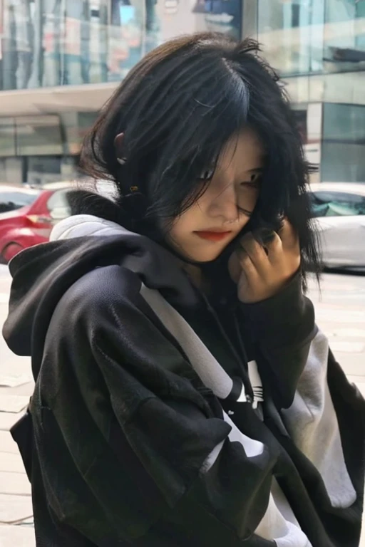 Girl,black hair,hands hiding the face fully,hoodie,,no face showing