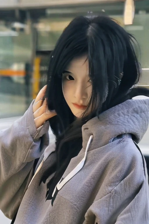 Girl,black hair,hands hiding the face fully,hoodie,,no face showing