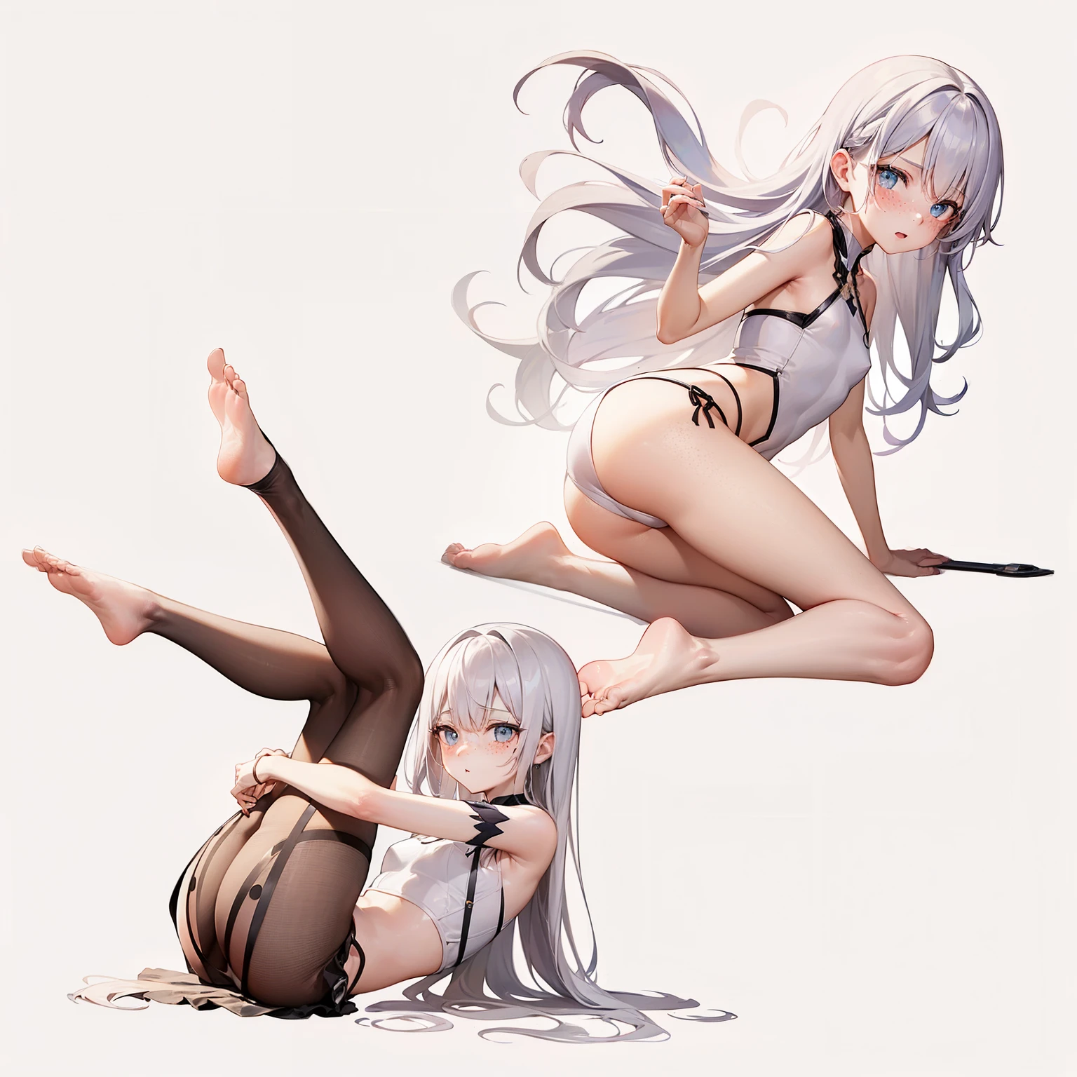 Dynamic posing, dynamic angle, Arrange pose,Top quality work,Show Legs,sexy, ((wavy hair, pale skin, long light ginger hair),((light blue eyes)), freckles, , Rose cheeks, Pretty cute Face, A perfectly proportioned face,full-body view, amazing, small round chest、Beautiful eye details、Beautiful eyelashes、beautiful double eyelid, with blush cheeks, bare feet,