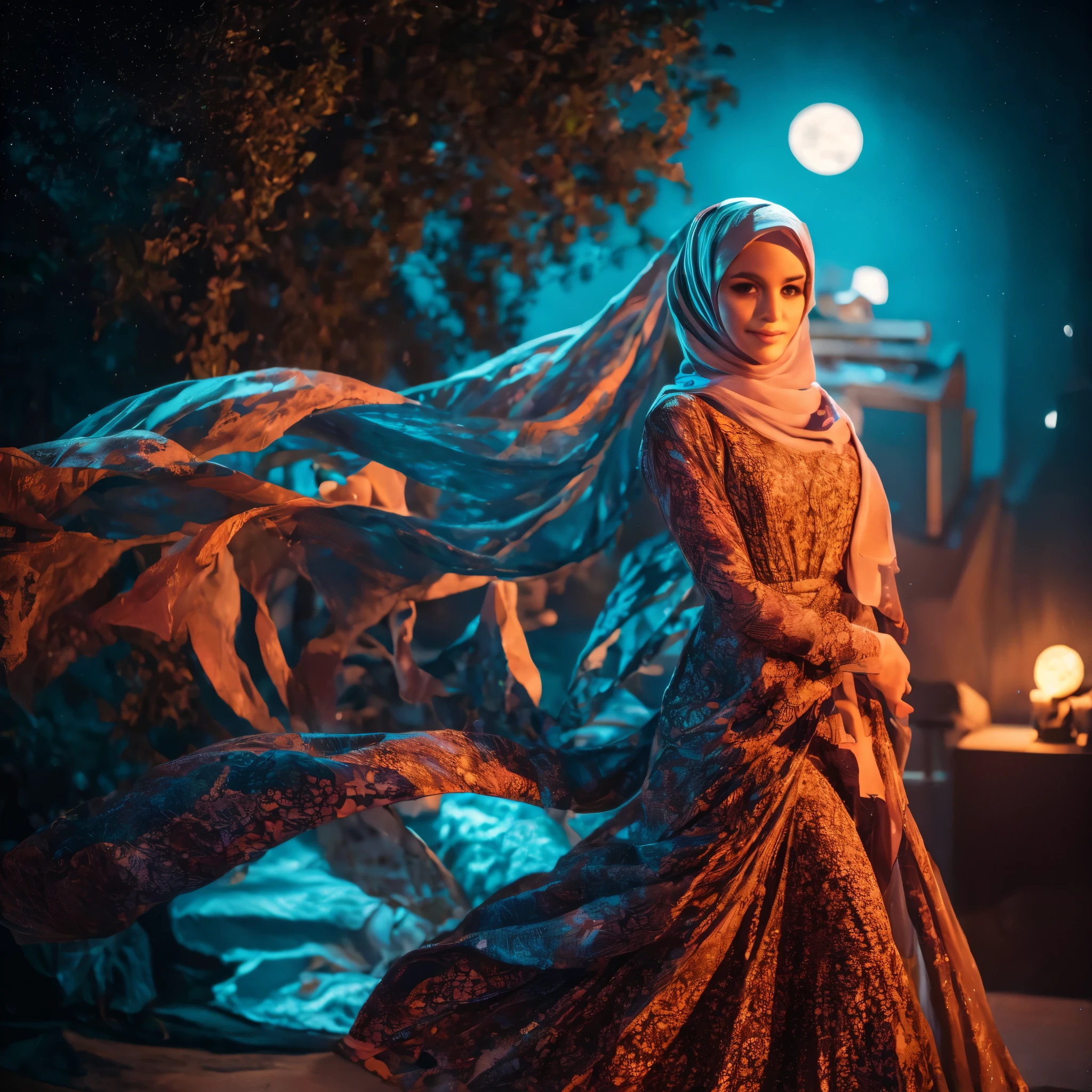 1girl, night sky, fireworks, hijab, detailed face, detailed eyes, detailed nose, detailed lips, beautiful girl, young woman, detailed clothing, flowing dress, colorful dress, intricate dress patterns, sparkling dress, starry night, glowing moon, vibrant colors, dramatic lighting, photorealistic, 8k, ultra-detailed, hyper-realistic, masterpiece, oil painting, studio lighting, cinematic, moody, stunning colors, mesmerizing