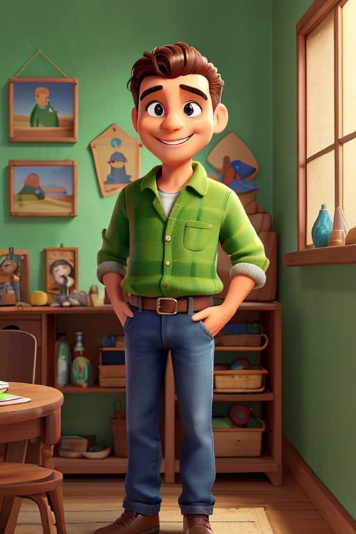 homem sorrindo, olhando para o espectador, cabelo castanho, sentado em uma cadeira, arte vintage, illustration, detalhado, na sala de estar, parede verde