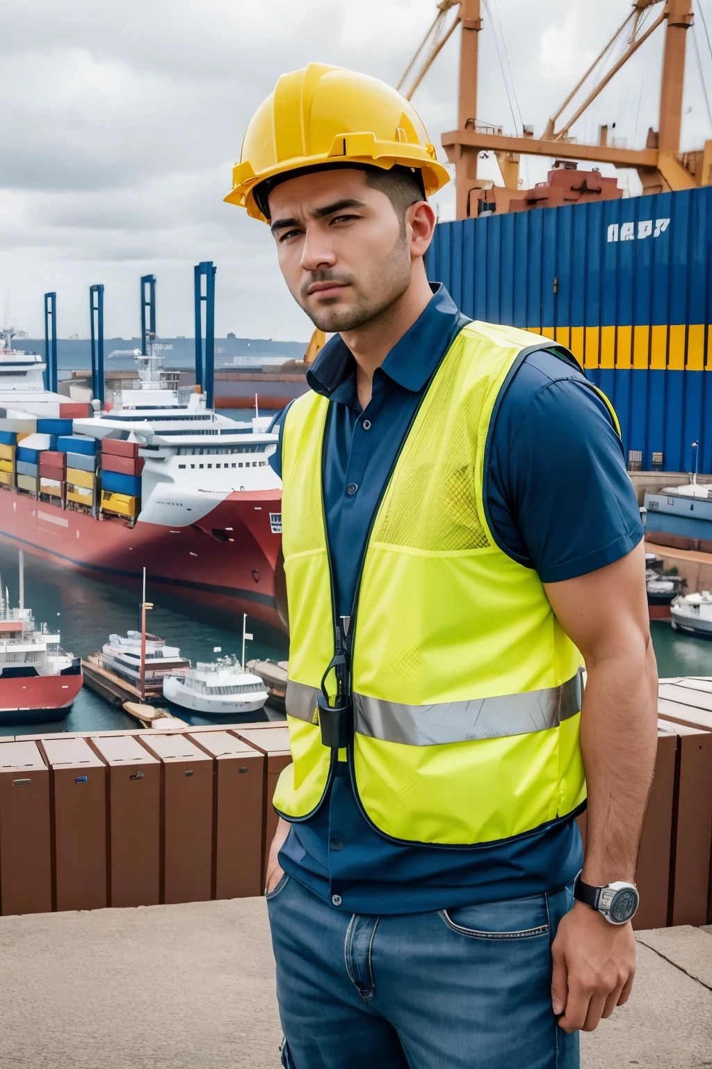 men wearing yellow safety vests with blue stripes, trabalhando descarregando diversas cargas, steel coils next to a ship docked in a port , iso 50 ultrarealista 12k, masterpiece, canon 17-40 f8,