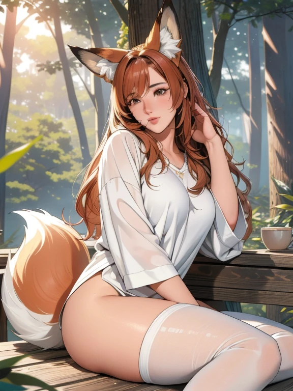 Professional, high-quality photos, 4K resolution, Realistically detailed image of an attractive girl in fluffy white pajamas with fox ears and a fox tail. She is sitting in the middle of a magical forest, Every element is perfectly expressed. The texture of pajamas, The ears and tail are sharp、palpable. The sunlight falls on the leaves、The girl's face is gently illuminated, Highlights delicate and attractive facial expressions
