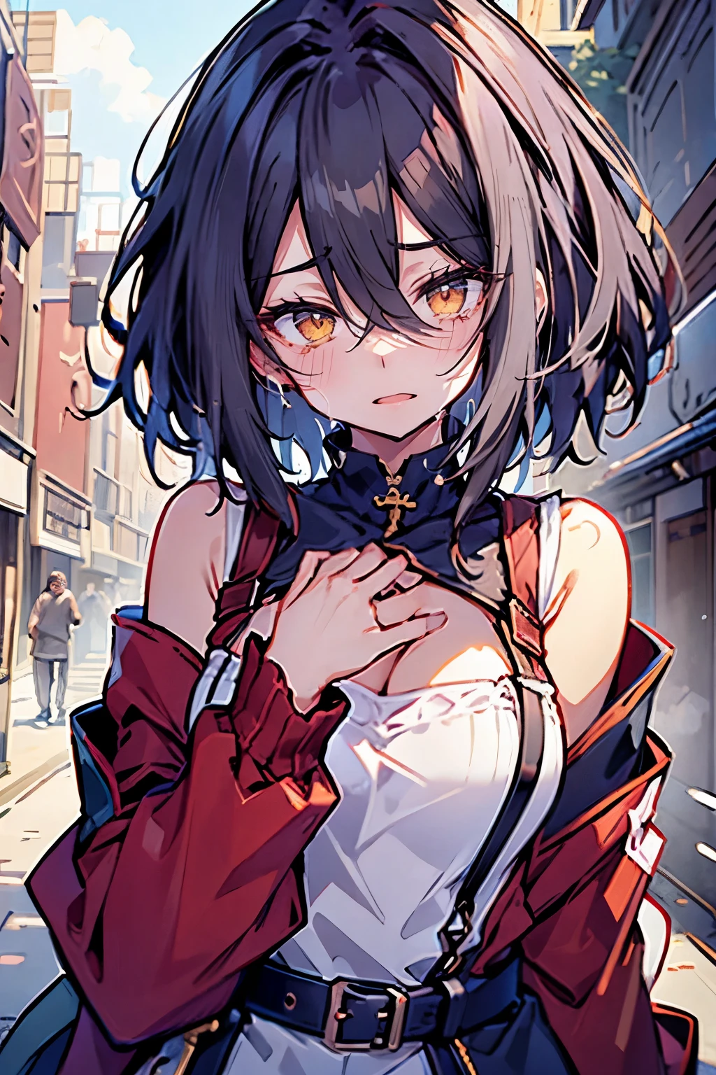 hui xiyi, rekkyo sensen, rekkyou sensen, 1 girls, black hair, tits cleavage, face palm, waving, breasts close up, suspenders, dress,1girl, bare shoulders, belt, frills shirt, white knit sweater, exposed breasts, straps, upper body, hoodies, furry clothes, long hair, nun, long sleeves, perfect hands, perfect fingers, chinese clothes