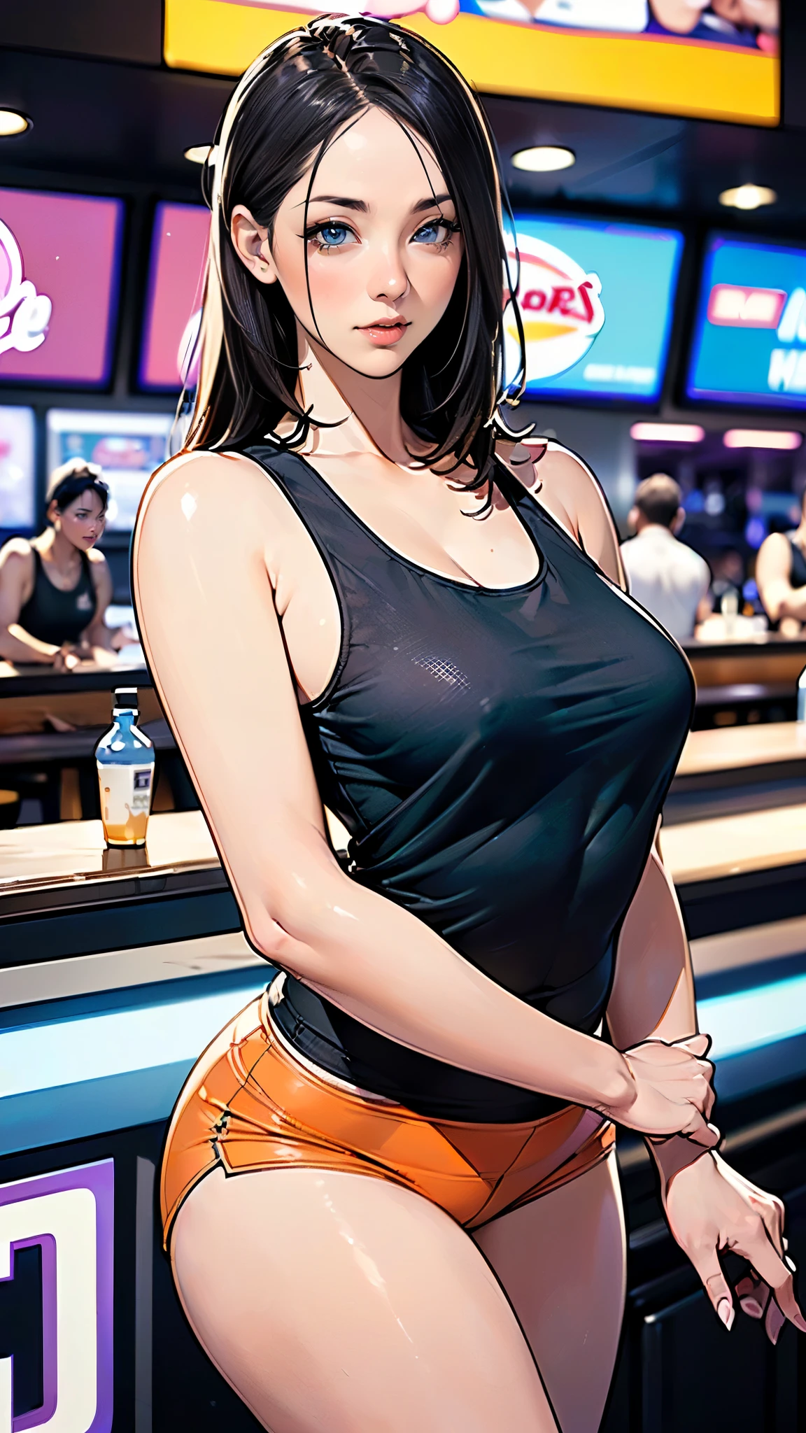 masterpiece,highest quality,Very detailed,High resolution,8k,wallpaper,Perfect lighting,break(One Woman),(Mature woman working as a waiter at a sports bar:1.5),(50 years old),(hooters),(((A very form fitting white tank top:1.5))),((The tank top has the logo of a sports bar on it.:1.5)),(((tiny orange shorts))),(((Very detailedなコスチュームの描画:1.5))),(Beautiful Eyes:1.5),(Detailed face drawing:1.5),(Detailed face drawing:1.5),((Very detailedな女性の手:1.5)),(Shiny skin:1.2),(Big Breasts:1.2),(Thick thighs:1.5),(Sensual body:1.5),(Sports bar background:1.5),(((Blur the background:1.5))),(((I&#39;m embarrassed:1.5)))