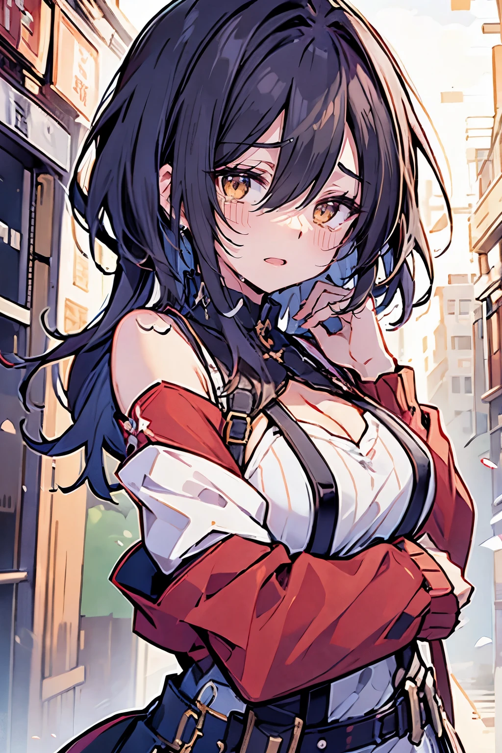 hui xiyi, rekkyo sensen, rekkyou sensen, 1 girls, black hair, tits cleavage, face palm, waving, breasts close up, suspenders, dress,1girl, bare shoulders, belt, frills shirt, white knit sweater, exposed breasts, straps, upper body, hoodies, furry clothes, long hair, nun, long sleeves, perfect hands, perfect fingers, chinese clothes
