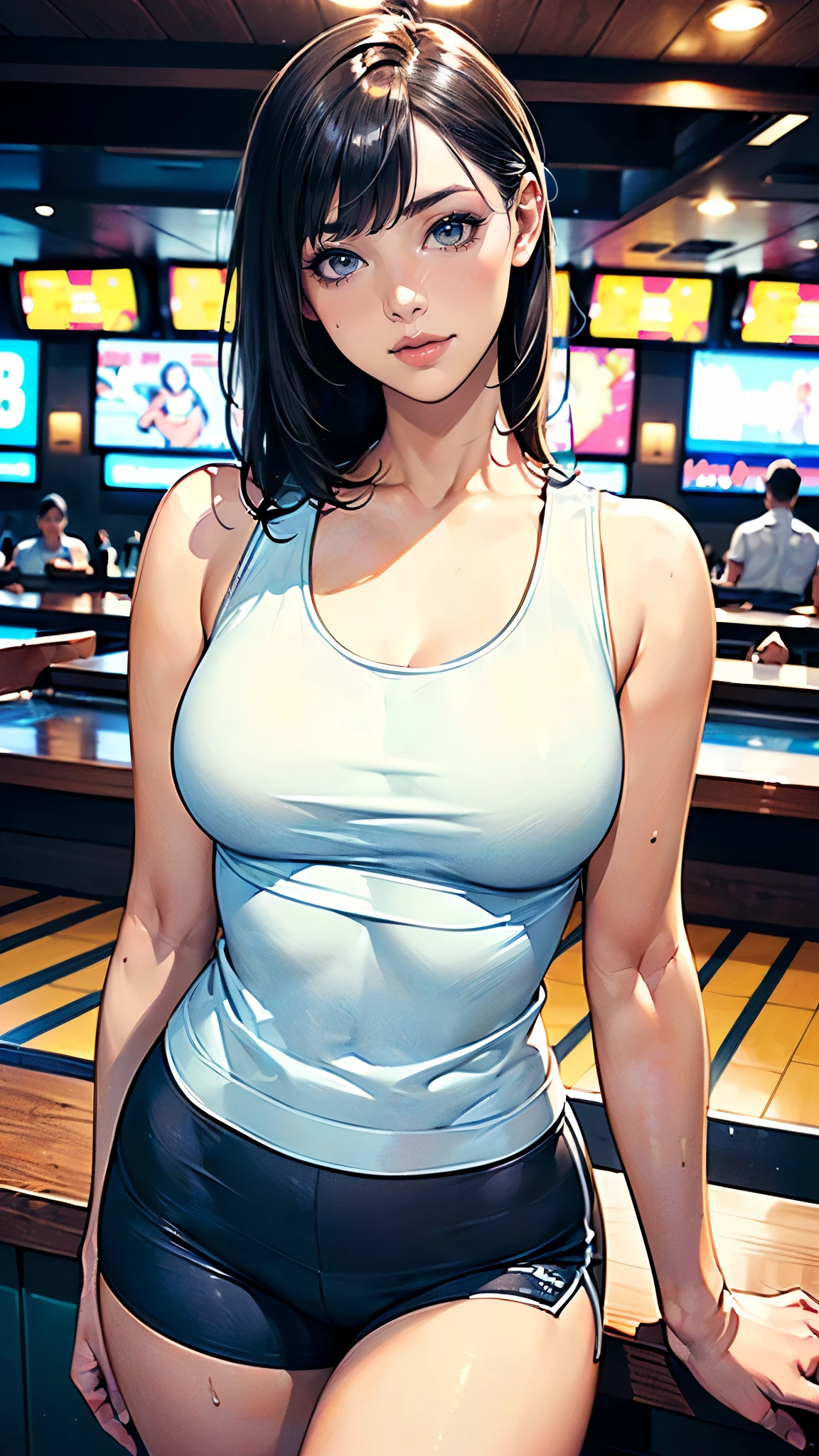 masterpiece,highest quality,Very detailed,High resolution,8k,wallpaper,Perfect lighting,break(One Woman),(Mature woman working as a waiter at a sports bar:1.5),(50 years old),(hooters),(((A very form fitting white tank top:1.5))),((The tank top has the logo of a sports bar on it.:1.5)),(((tiny orange shorts))),(((Very detailedなコスチュームの描画:1.5))),(Beautiful Eyes:1.5),(Detailed face drawing:1.5),(Detailed face drawing:1.5),((Very detailedな女性の手:1.5)),(Shiny skin:1.2),(Big Breasts:1.2),(Thick thighs:1.5),(Sensual body:1.5),(Sports bar background:1.5),(((Blur the background:1.5))),(((I&#39;m embarrassed:1.5)))