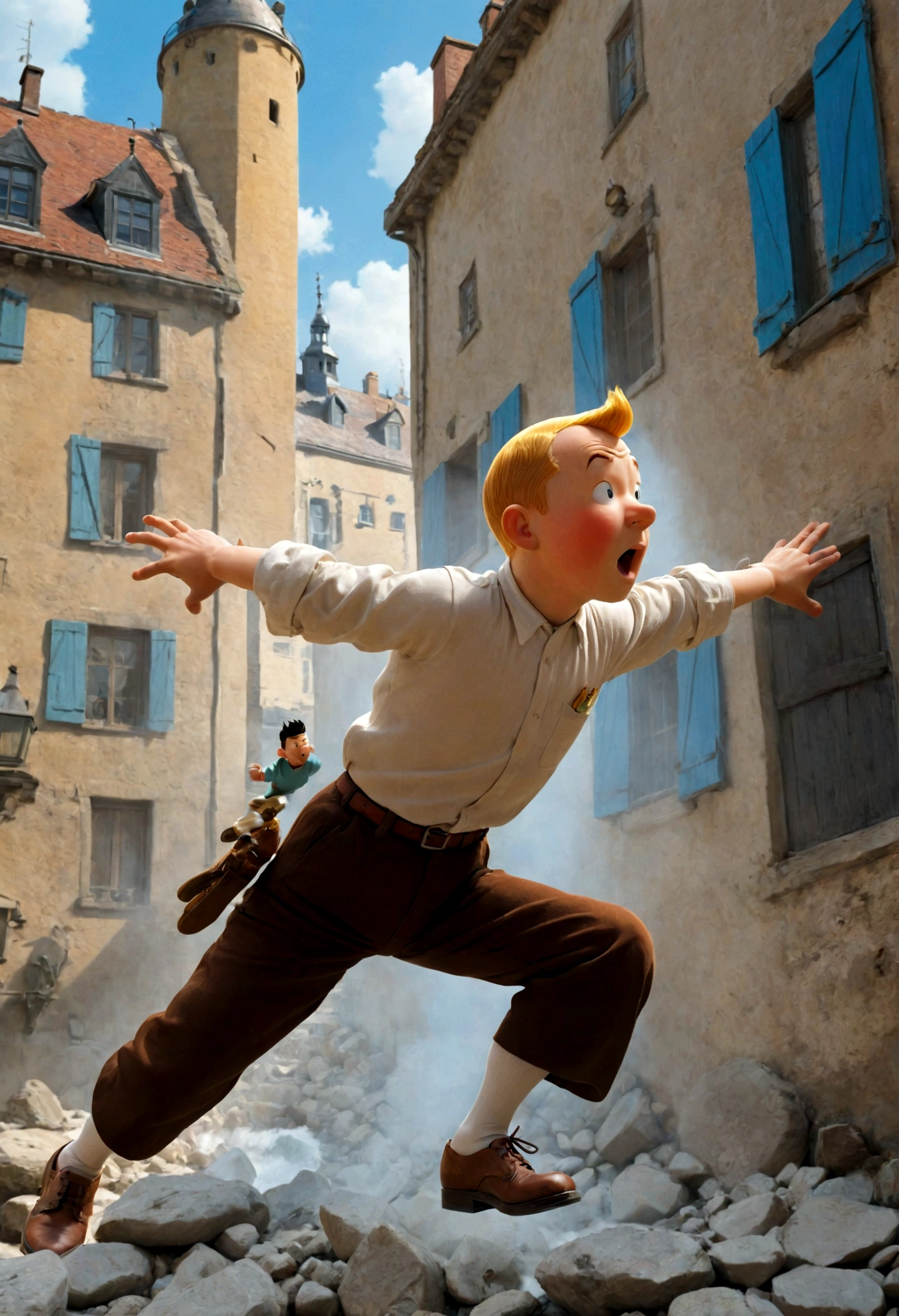 1boy, Tintin, "the adventures of tintin", by herge, heroic pose, dynamic pose, dramatic composition, cinematic camera angle, european comics, 90s cartoon art style, cinematic dynamic action scene, vibrant colors, cinematic lighting, dramatic lighting, best quality, masterpiece, very aesthetic, perfect composition, intricate details, ultra-detailed