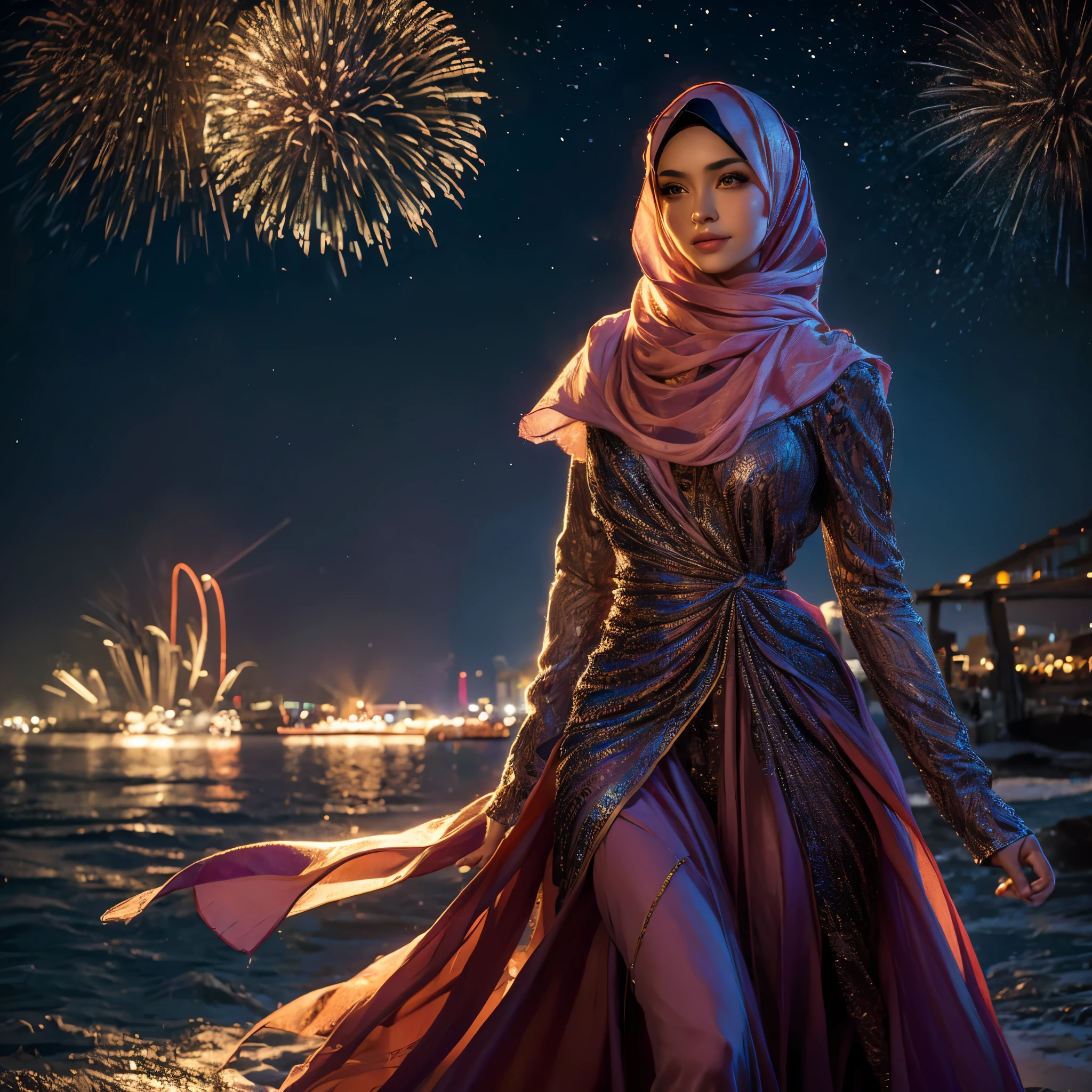 1girl, night sky, fireworks, hijab, detailed face, detailed eyes, detailed nose, detailed lips, beautiful girl, young woman, detailed clothing, flowing dress, colorful dress, intricate dress patterns, sparkling dress, starry night, glowing moon, vibrant colors, dramatic lighting, photorealistic, 8k, ultra-detailed, hyper-realistic, masterpiece, oil painting, studio lighting, cinematic, moody, stunning colors, mesmerizing