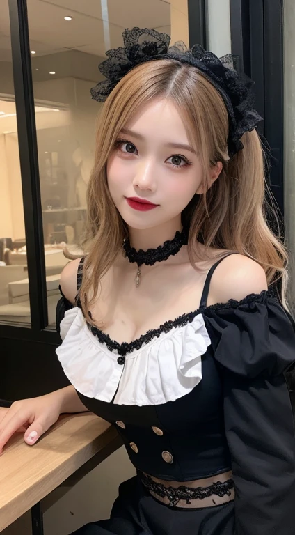 masutepiece, Best Quality, Illustration, Ultra-detailed, finely detail, hight resolution, 8K Wallpaper, Perfect dynamic composition, Beautiful detailed eyes, gothic lolita, off shoulder, beige wavy hair, huge-breasted, huge-breasted, Huge breasts, huge-breasted, huge-breasted, Gothic fashion, Gothic makeup, Bold sexy poses,Smile, Landmine fashion、20 years girl、Cute、Sexy shot looking at camera