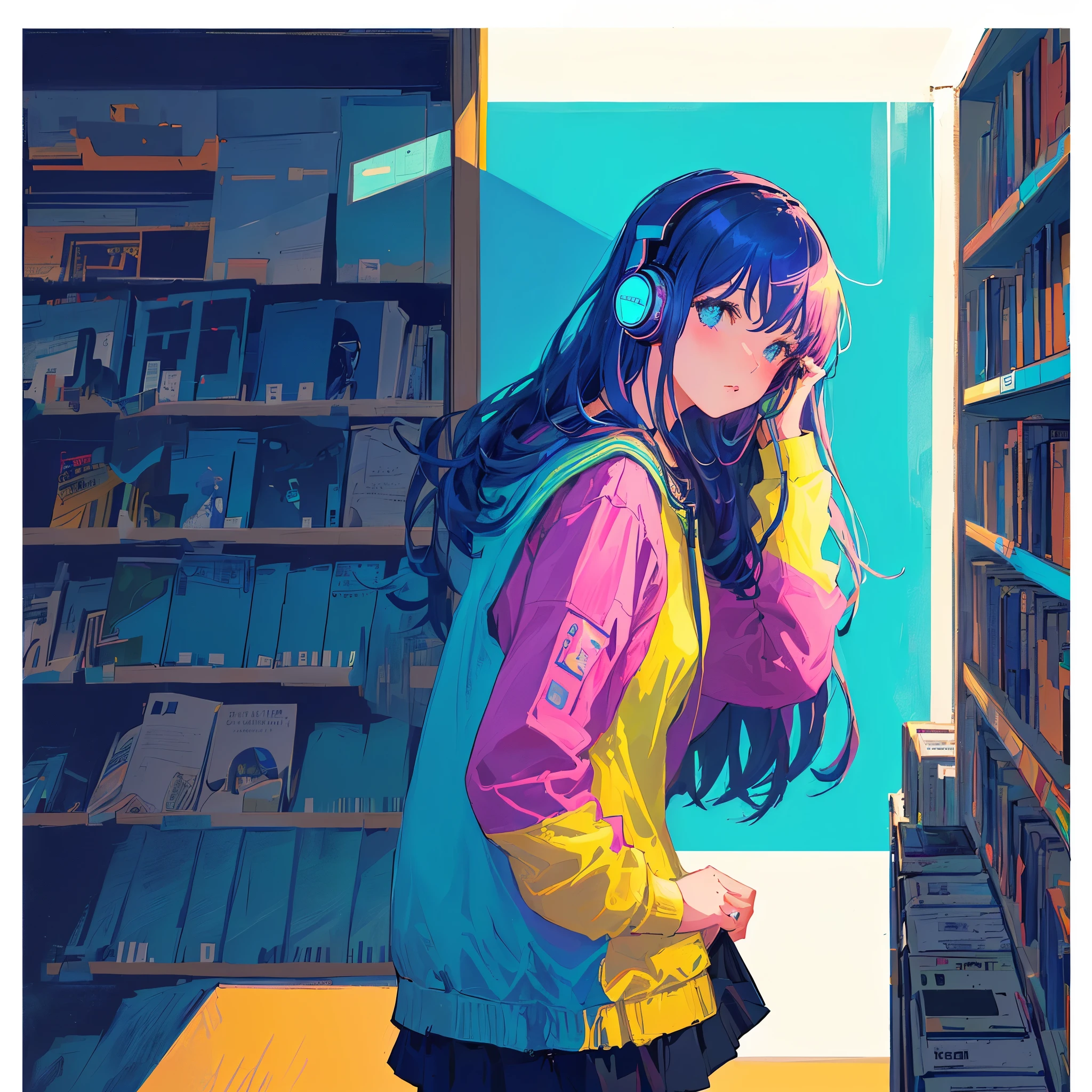 There is a girl wearing headphones and looking at the bookshelf., Lo-fi Girl, at the library, Portrait of Rofi, Laurie Griesley's style, Lofi Art, Lofi Artstyle, inspired Josan Gonzalez, girl in a record store, Lo-fi illustration style, Lofi Color, Lo-fi feeling, Josan Gonzalez