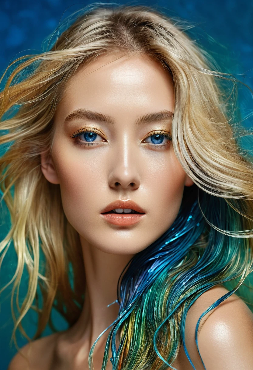 Beautiful supermodel woman with blonde hair, a lock of hair with a slight highlight, blue-gray eyes, mixed medium, undried paint, jewel beetle, colored background, liquid color flowing across her face, photographed by Jingna Chang. --v 6