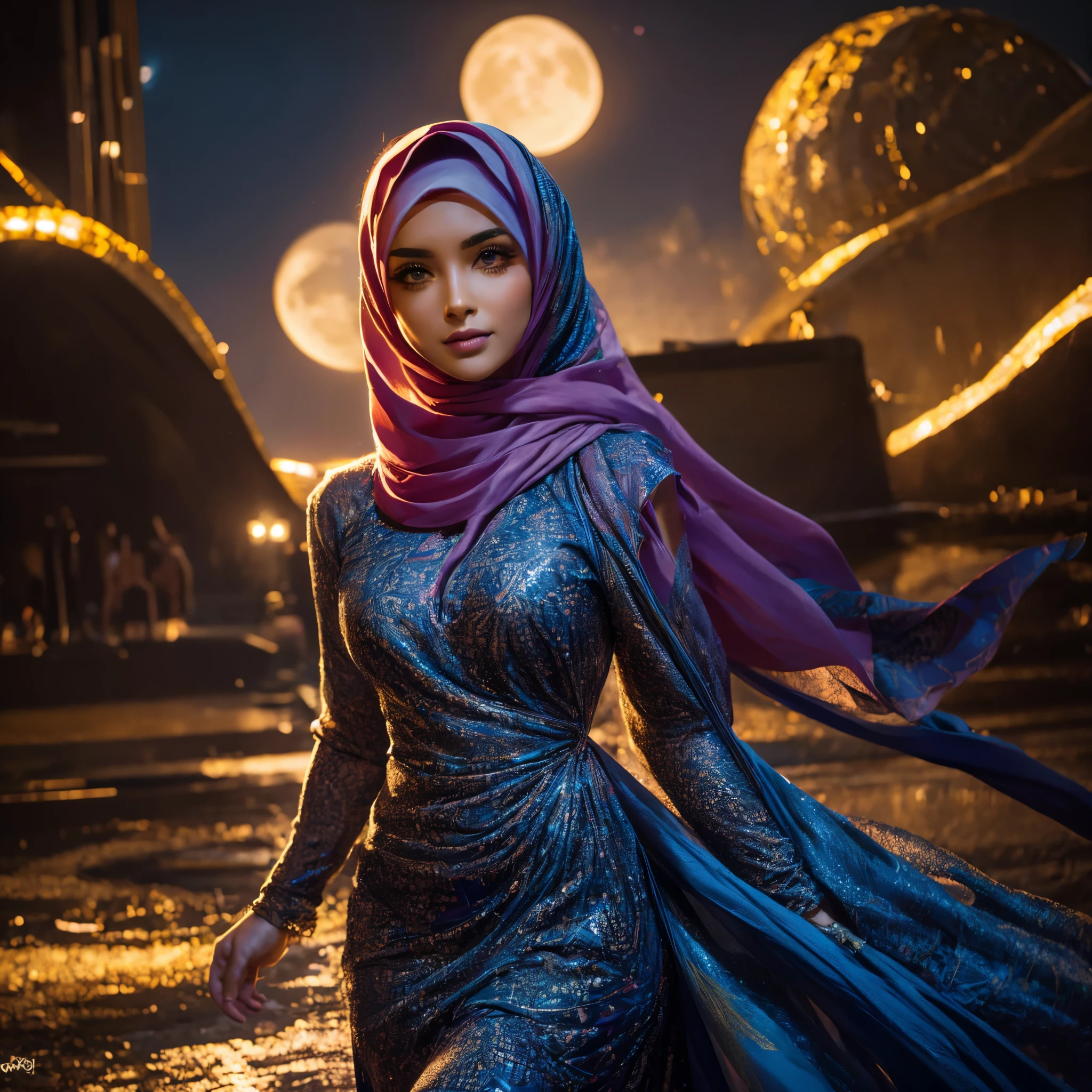 1girl, night sky, fireworks, hijab, detailed face, detailed eyes, detailed nose, detailed lips, beautiful girl, young woman, detailed clothing, flowing dress, colorful dress, intricate dress patterns, sparkling dress, starry night, glowing moon, vibrant colors, dramatic lighting, photorealistic, 8k, ultra-detailed, hyper-realistic, masterpiece, oil painting, studio lighting, cinematic, moody, stunning colors, mesmerizing