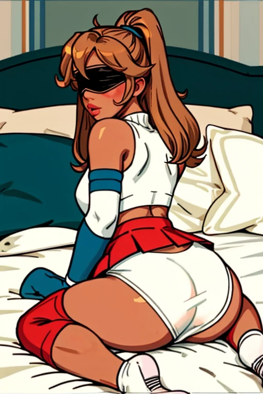 tennis girl's massive rear butt, cheeks out of bottomless slutty mini skirt out bare, showing her butt, lying down, on bed, wearing oven mittens under pillow, blindfold