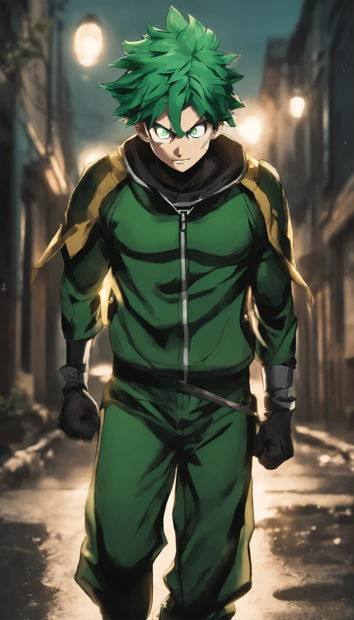 Best Quality, Masterpiece, My hero academia art style, boy, green hair, emerald green eyes, enchanting, U.A. hero student, visible green aura resonating from body, walking down, ruined streets, face covered by mask, green lightning surging from eyes, amazing yet edgy torn up hero costume, dark and solemn expression