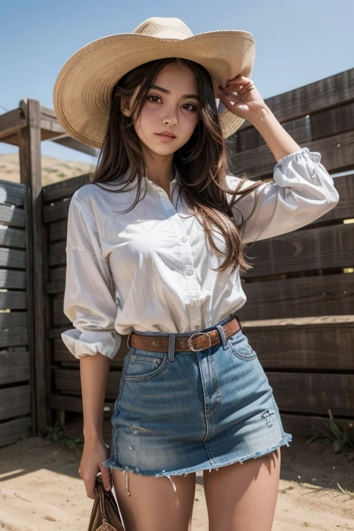 photo of a girl in rodeo clothes, cabelos longos, morena clara, botas, fundo claro, diurno