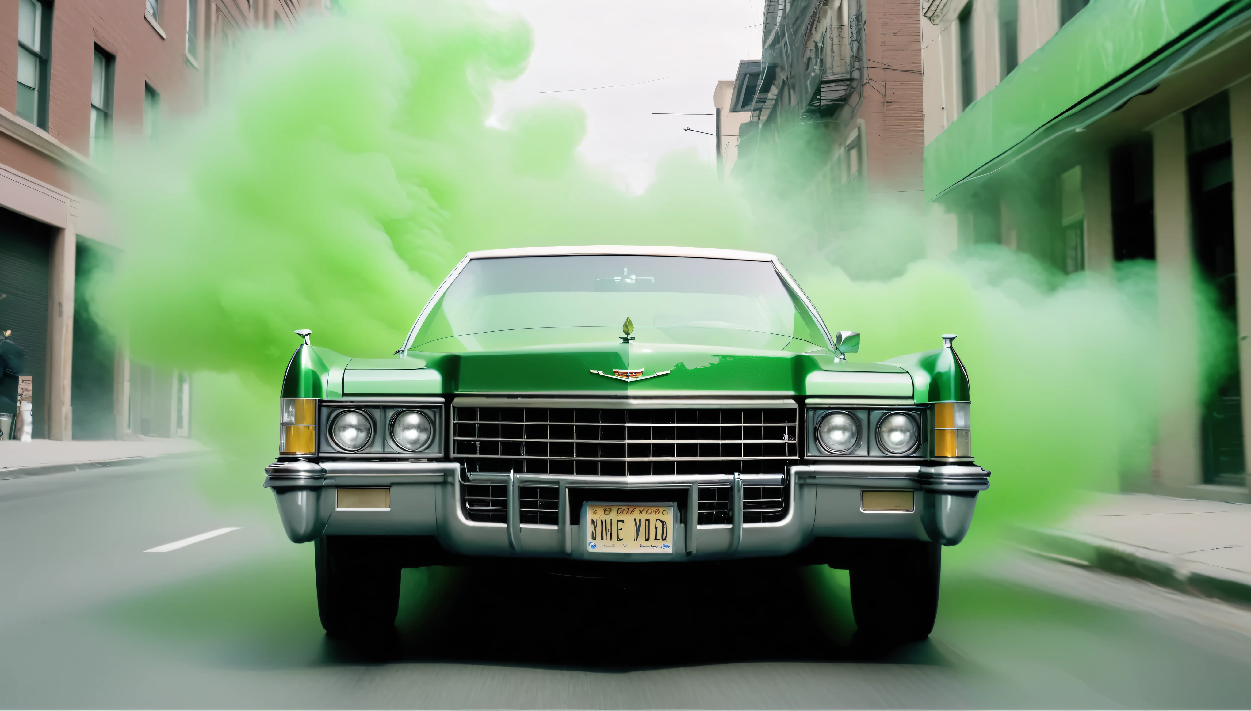 1970s marijuana leaf cadillac driving down the street with green smoke coming out of the windows, 35mm, atmospheric perspective, depth of field, cinematic lighting, reflection light, backlighting, masterpiece, anatomically correct, textured skin,