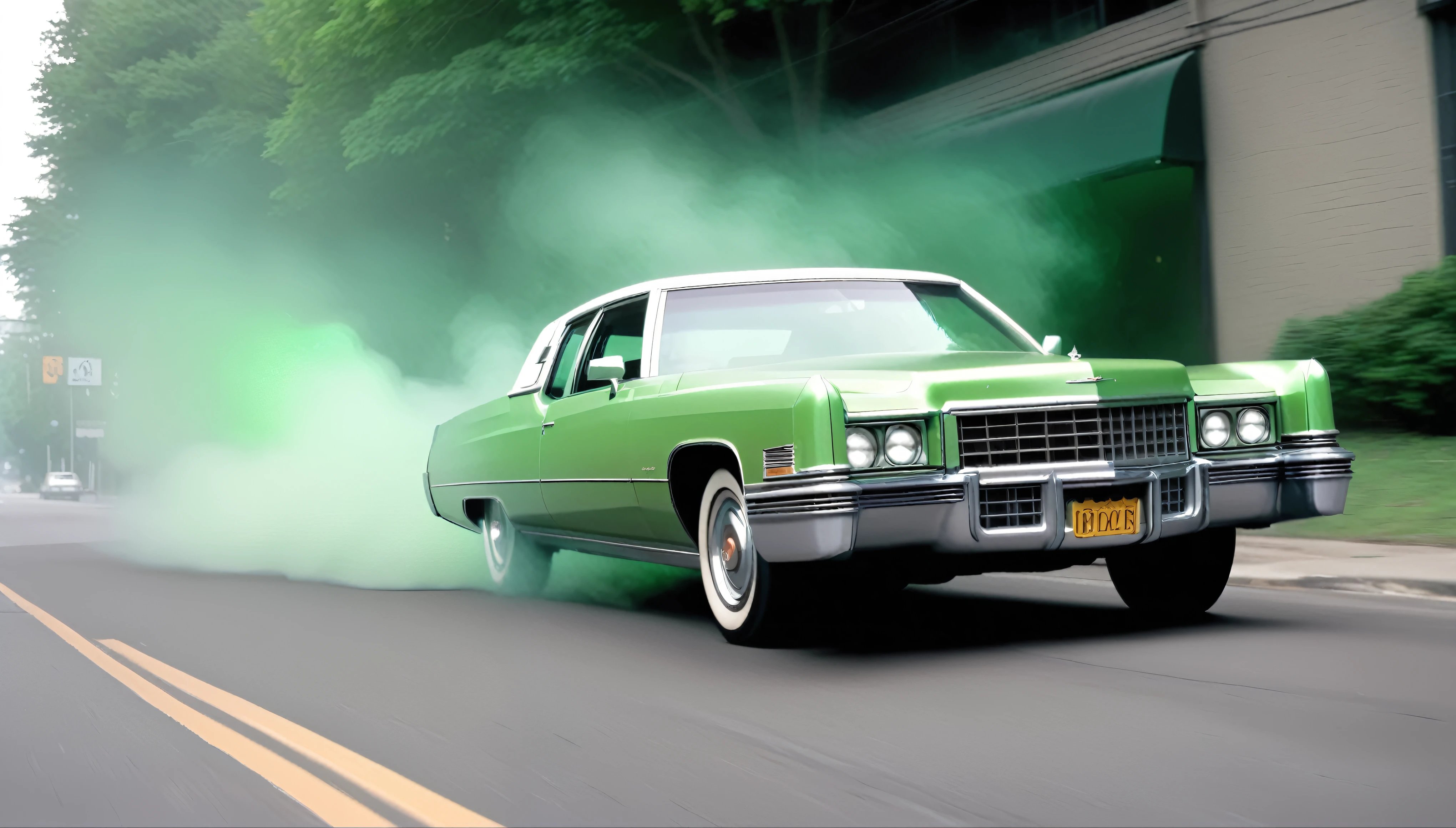 1970s marijuana leaf cadillac driving down the street with green smoke coming out of the windows, 35mm, atmospheric perspective, depth of field, cinematic lighting, reflection light, backlighting, masterpiece, anatomically correct, textured skin,