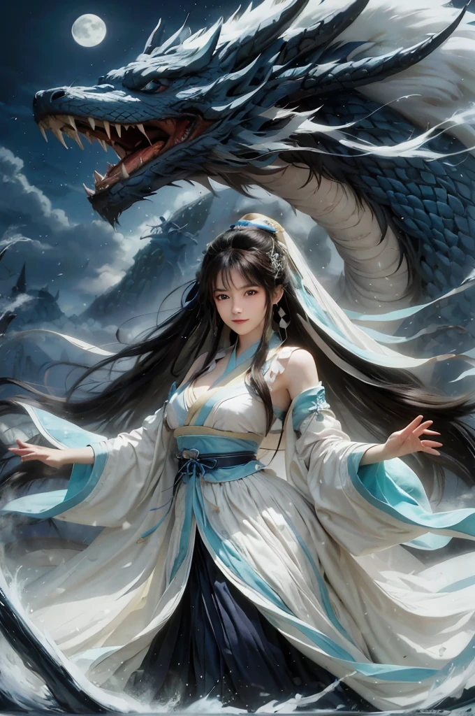 highest quality, Ultra-high resolution,A shrine maiden wearing light blue hakama is dancing with a folding fan in front of a giant blue dragon.、Dynamic Movement、Full moon night、Real、The dragon's head1t、竜の胴は一t、Fantasy、Swirling water flow、Rising water column