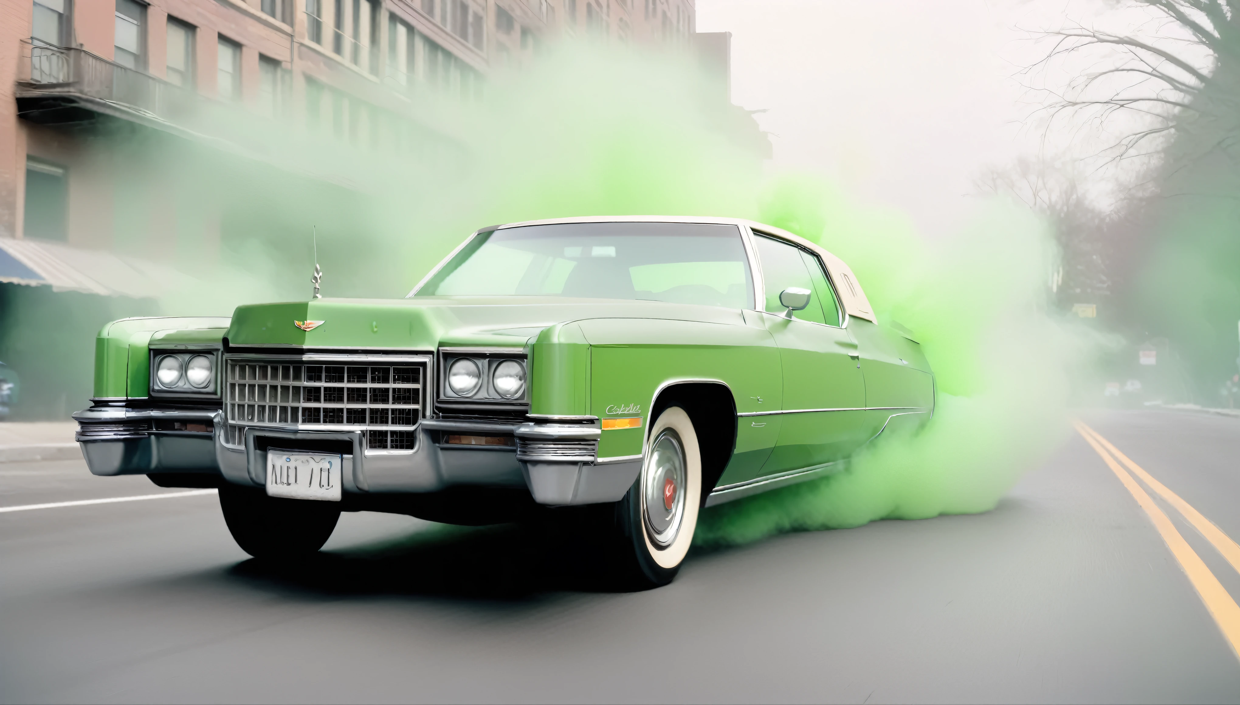 1970s marijuana leaf cadillac driving down the street with green smoke coming out of the windows, 35mm, atmospheric perspective, depth of field, cinematic lighting, reflection light, backlighting, masterpiece, anatomically correct, textured skin,