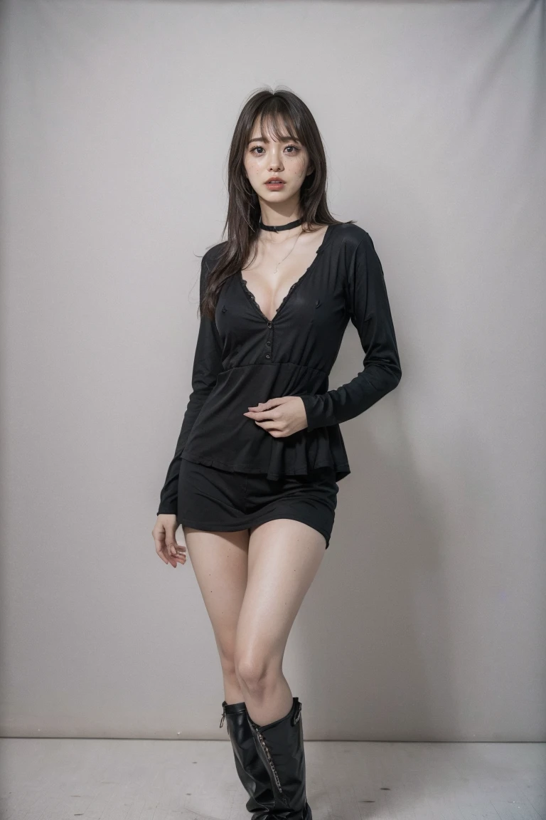 (highest quality,8k,32k,masterpiece,Ultra-high resolution:1.2),((Sexy expression:1.2)), ((Medium Hair,Beautiful bangs:1.5)), Positive, Professional Lighting, Flash photography, Shaded photo,((Cleavage:1.5)),((small breast)), (full body:1.2), (Head to Toe:1.8), Choker Necklace, Plain grey background, (Cyclorama photography studio on a plain grey background:1.8),((black clothes with a wide open chest:1.2, Tight clothing:1.2)), ((I can't look directly at the nipples:1.5, Know the shape of your nipples:1.6))
