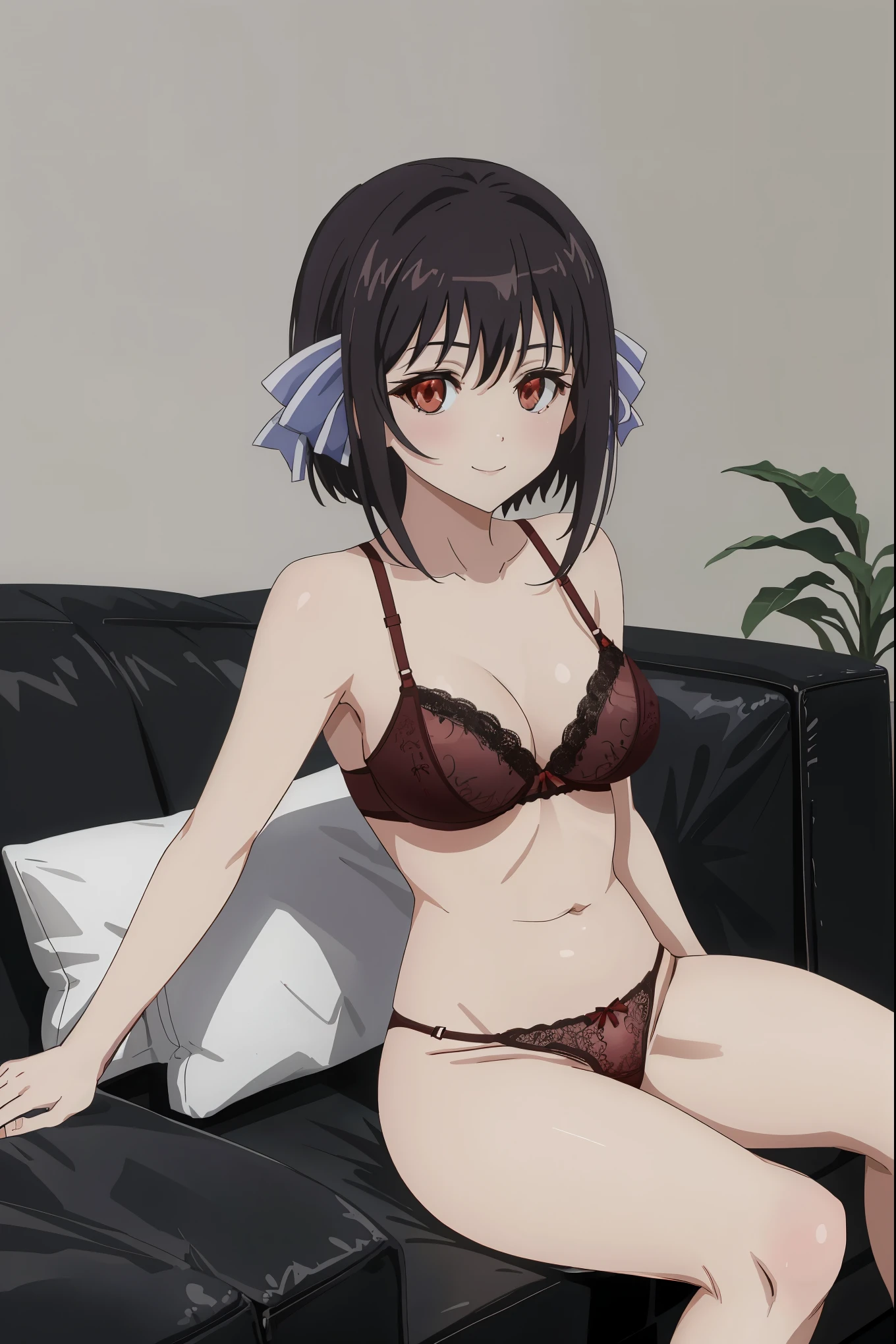 [[anime styled]],[[digitalart]],masterpiece,best quality,Tomomi_Xijing,(red eyes),black hair,Short hair,Hair Ribbon,(midium build),NSFW,1girl,((sitting on the couch,reclining)),face focus,short torso,Perfect Lighting,[perfect anatomy],,((nude)),((black lace panties,)),((black lace  bra)),(lingerie),cameltoe,relaxing,seductive smile,spread legs,   break background living room,couch