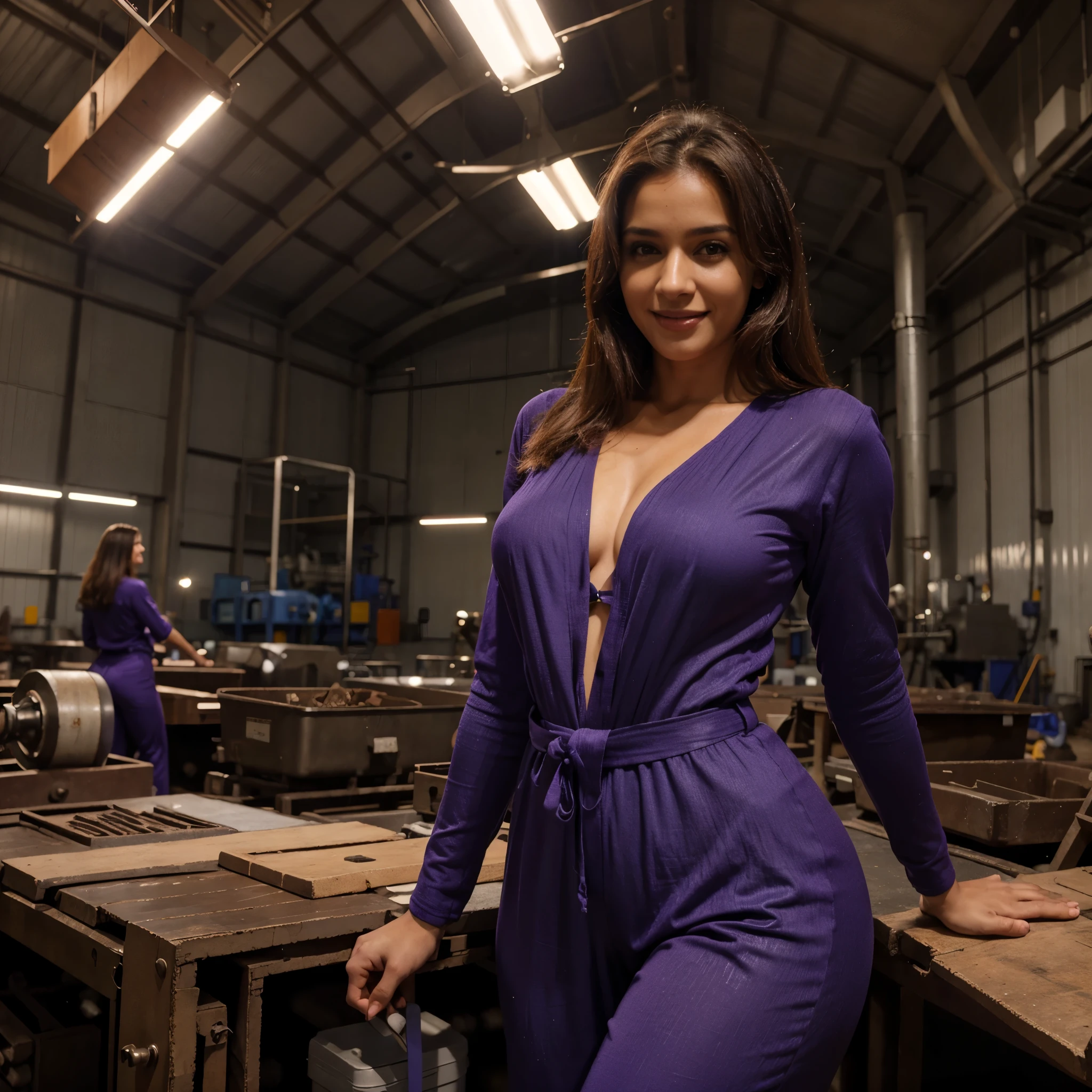 uma mulher, 25 anos, longos cabelos morenos, 8K, UHD, instant lighting, Professional Lighting, pele texturizada, Romantic smile, in a factory, purple jumpsuit,