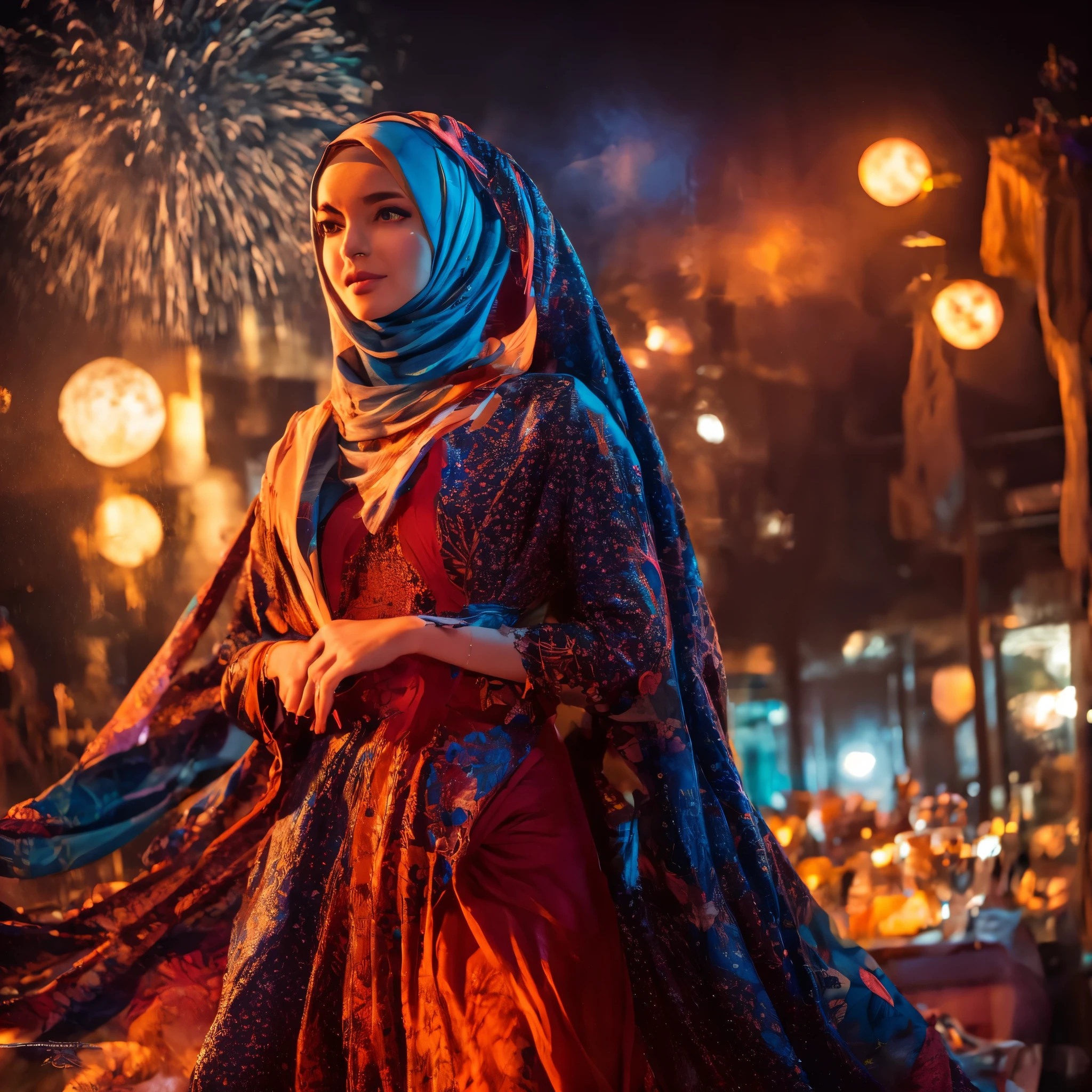 1girl, night sky, fireworks, hijab, detailed face, detailed eyes, detailed nose, detailed lips, beautiful girl, young woman, detailed clothing, flowing dress, colorful dress, intricate dress patterns, sparkling dress, starry night, glowing moon, vibrant colors, dramatic lighting, photorealistic, 8k, ultra-detailed, hyper-realistic, masterpiece, oil painting, studio lighting, cinematic, moody, stunning colors, mesmerizing