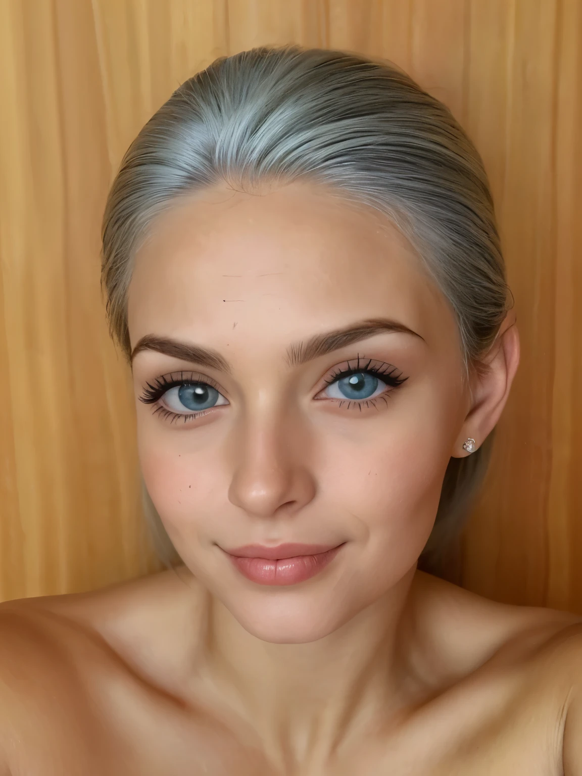 Imagem realista de alta qualidade de uma mulher com cabelos castanhos curtos, olhos azul-ciano clareantes, e um belo rosto, sentada em uma cadeira de madeira, with a Works of Michelangelo's Celo Sistino in the socket and setting, retrato sacro, detalhes nos cabelos, peles e roupas, peach fuzz visible, luz natural, cor do cabelo castanho claro, high resolution image, reasonable focus, textura rica, cores ricas, corpo inteiramente magra, magrela de seios small