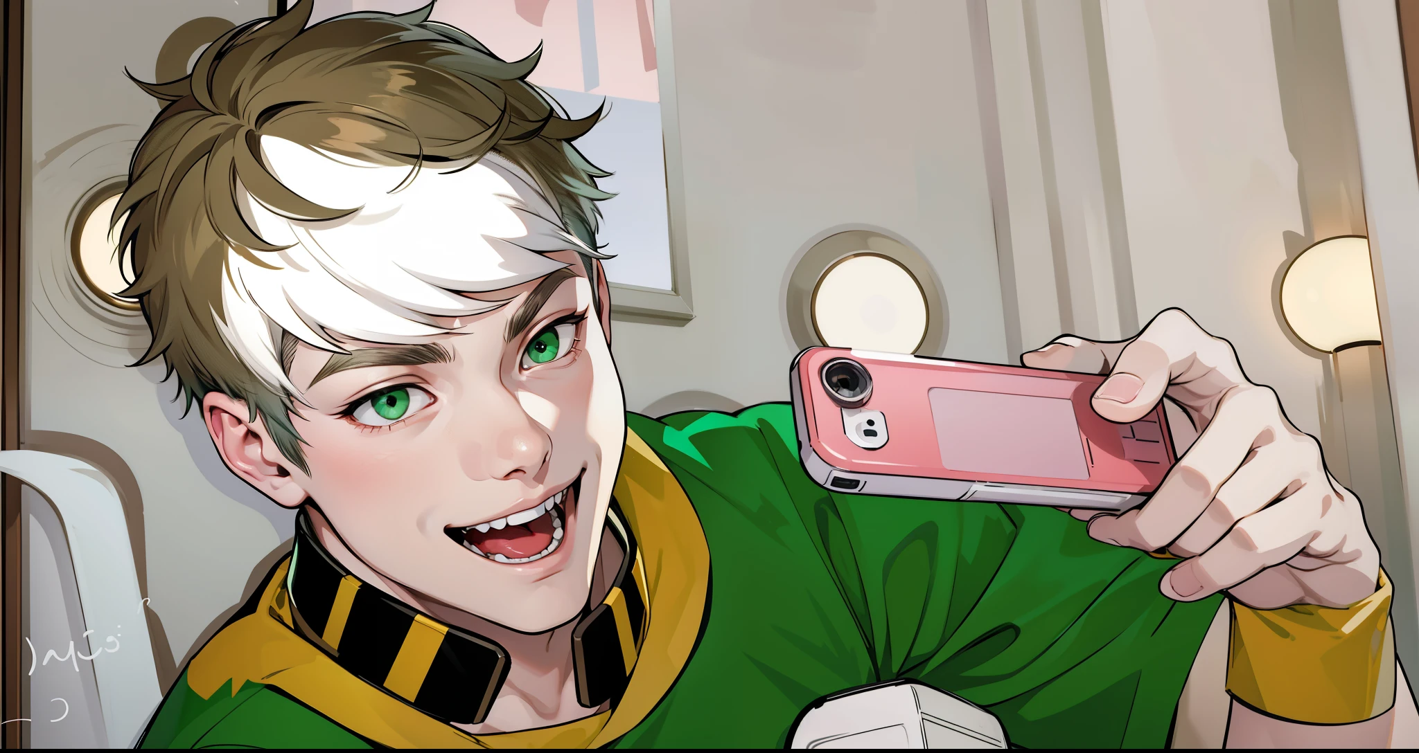 white hair green eyes is talking and laughing mischievously with malice cute boy is taking a photo with a red cell phone