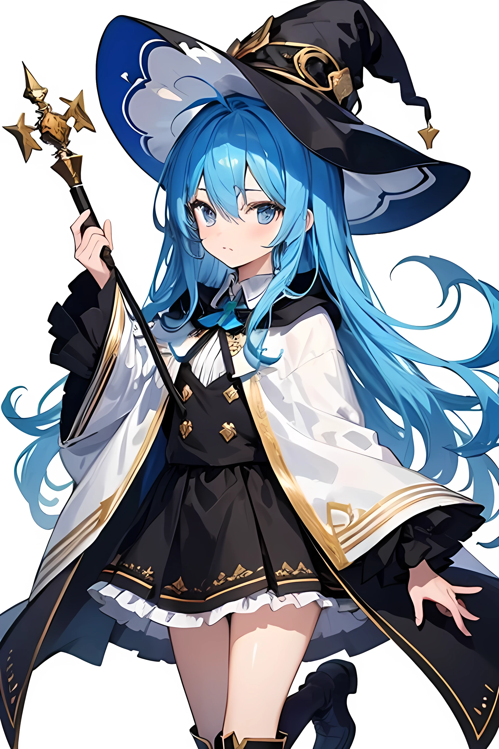 roxy migurdia, blue hair, long hair, hair between eyes, ahoge, blue eyes, witch hat, white collared shirt, long sleeves, wide sleeves, white capelet, brown cape, long cape, black skirt, white boots