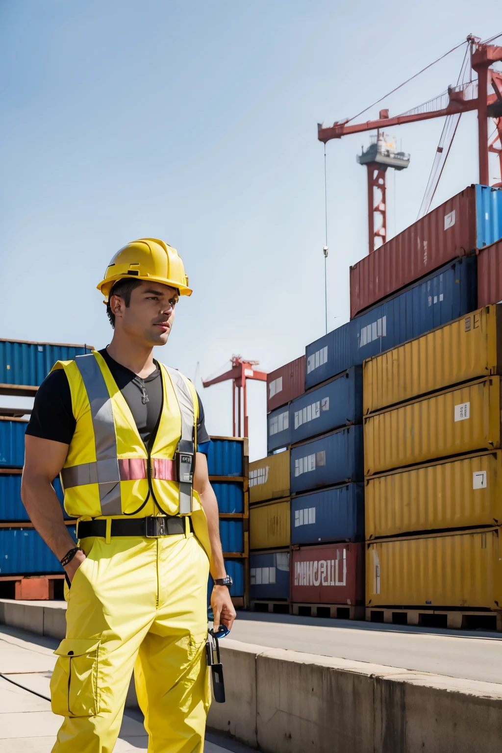 men wearing yellow safety vests with blue stripes, trabalhando descarregando diversas cargas, steel coils next to a container ship in a port , iso 50 ultrarealista 12k, masterpiece, canon 17-40 f8,