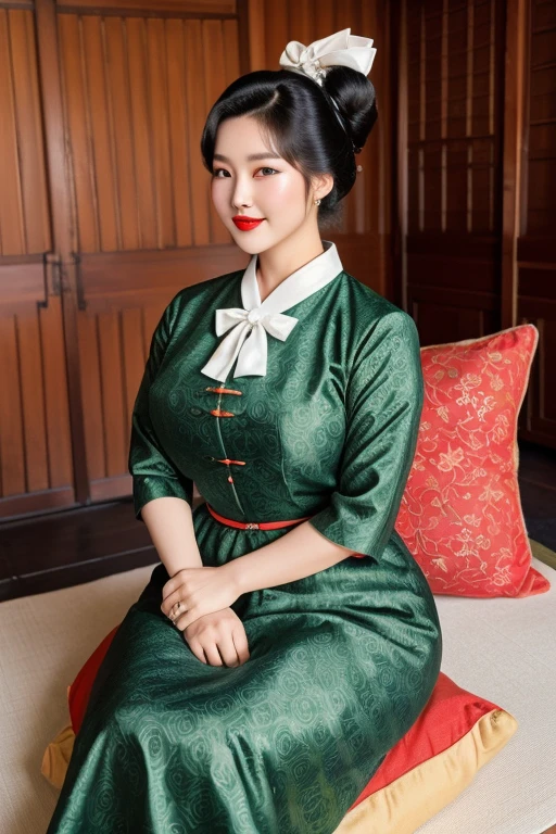 1962, Seoul, 1 korean woman, big breasts, sexy girl, strikingly beautiful, delicate facial features, porcelain skin, expressive eyes, black hair, red lips, curvy, (full body photo:1.3), (updo hair:1.3), green pattern dress, white bow, sitting on a cushion in a hanok room, erotic pose, smiling, vintage photo,

