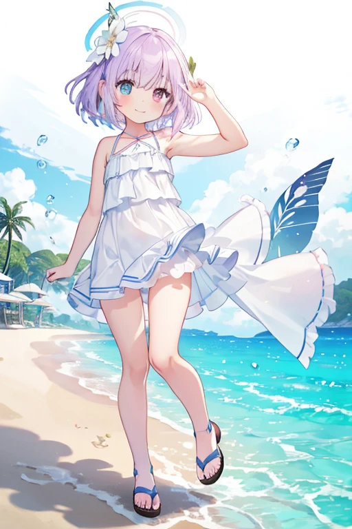 A loli,Short loli figure,Female face,Sunny smile,Short lilac hair,Heterochromia blue-red,There are bright spots in the eyes,Female hands,White little hands,Normal fingers,Beach,Gorgeous clothes,swimsuit,whole body,sandals,Leg ring,masterpiece,Delicate and exquisite的二次元精美画风,Delicate and exquisite,8K high quality,CG Wallpaper,HD,flat chest,Solitary,Ark of Tomorrow,Ark of Tomorrow风格