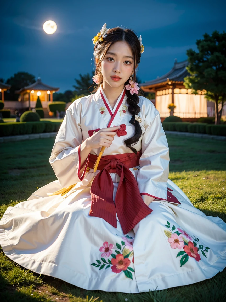 best quality, high_resolution, distinct_image, detailed background ,girl, hanbok,flower,garden,moon, night,dutch angle, wide shot, crown, 