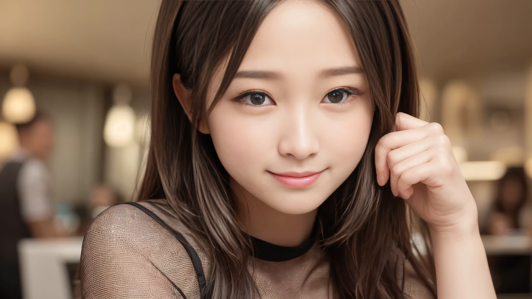 masterpiece, highest quality, 8k, People who are bad at organizing, (Upper Body:1.4), Stylish cafe,Close Relationship, beautiful girl, Pretty face, Looking at the audience, smile, Ultra-realistic, High resolution, photograph, Sharp focus, High resolution, Face Light, Dynamic Lighting, Cinema Lighting, Professional Shadow, Beautiful cafe background, Best details, Very detailed, Very detailed, finely, Real Skin, Delicate facial features, Detailed face and eyes, Sharp pupils、Real students
