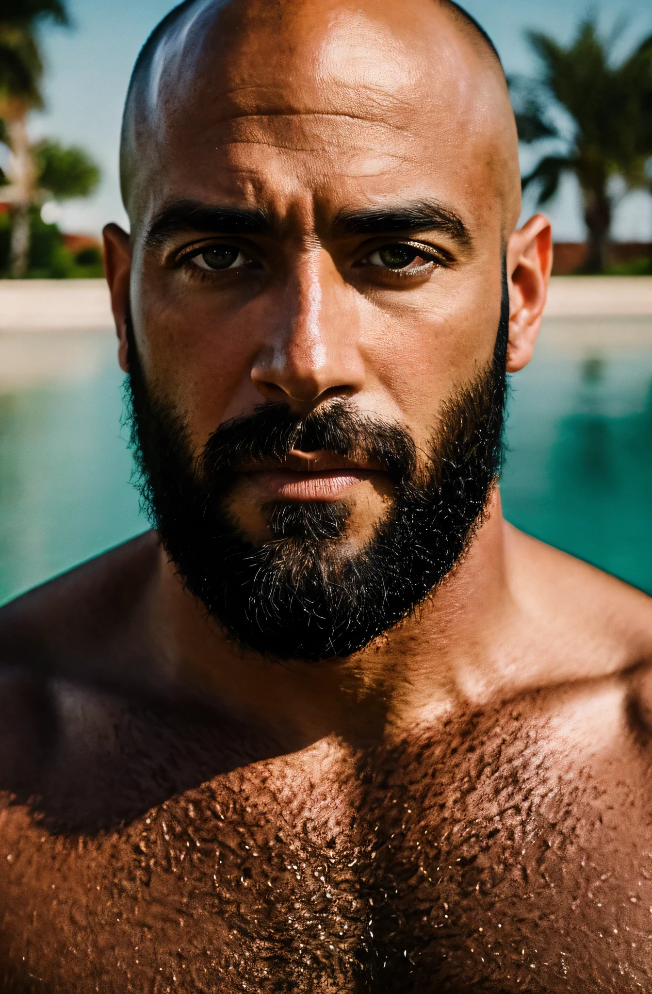 (best quality,ultra-detailed,realistic:1.37),portrait,hiperrealism,hiperdetailed,sunny light,brilliant colors,43 years old man,muscled,handsome,bald,black long beard,intense gaze,only head and shoulders,first person perspective,looking directly at the camera, shaved head, no clothes, on yatch.