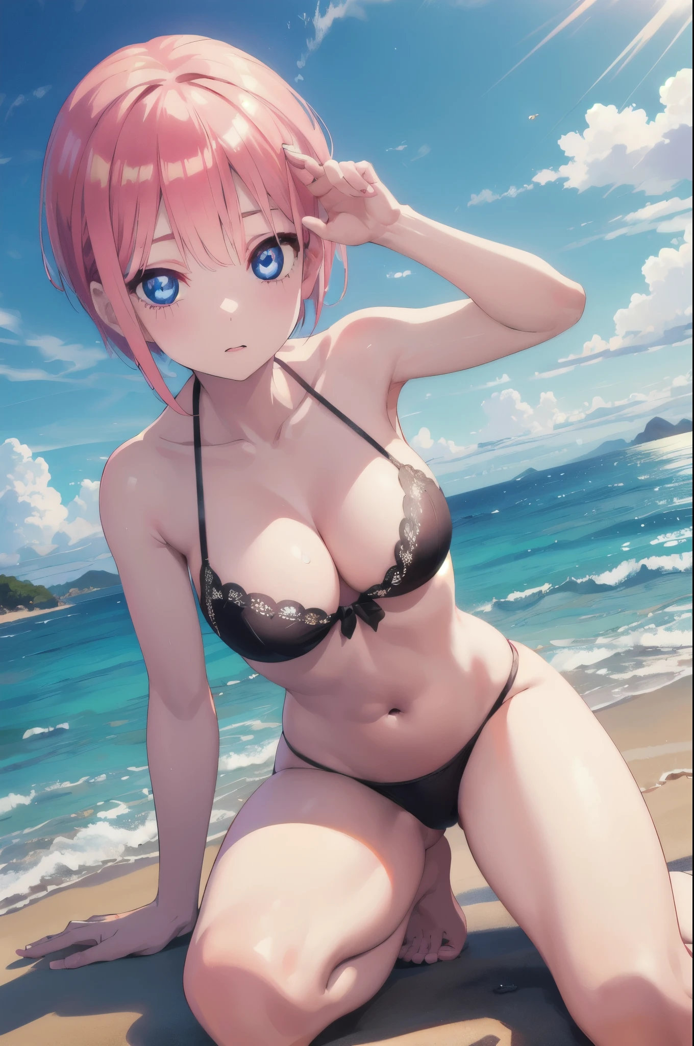 masterpiece, best quality, 8k, anime, wide shot, looking at viewer, model posing:1.5), (black bikini), sunlight, , ichikanakano, ichika nakano, short hair, bangs, blue eyes, hair between eyes, pink hair, looking at viewer, (masterpiece:1.2), (beautiful detailed eyes:1.6), extremely detailed face, perfect lighting, extremely detailed CG, (perfect hands, perfect anatomy), (model posing:1.5), (black bikini), on beach, sunny day, sand, ocean view, anime version, extremely detailed, UHD, 4k, 8k, award-winning, sharp focus,