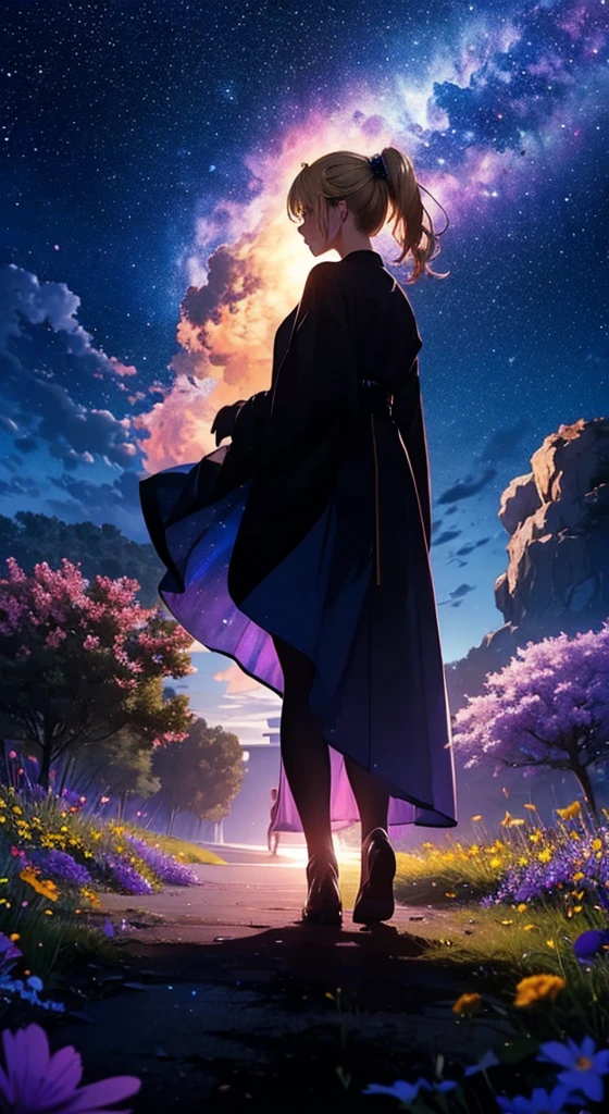 1people々々,Blonde ponytail woman,Long coat, Dress Silhouette, Rear View,Space Sky, Flower Field,Colorful flowers