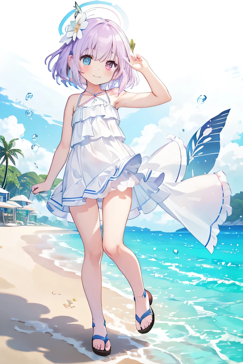 A ,Short loliure,Female face,Sunny smile,Short lilac hair,Heterochromia blue-red,There are bright spots in the eyes,Female hands,White little hands,Normal fingers,Beach,Gorgeous clothes,swimsuit,whole body,sandals,Leg ring,masterpiece,Delicate and exquisite two-dimensional exquisite painting style,Delicate and exquisite,8K high quality,CG Wallpaper,HD,flat chest,Solitary,Ark of Tomorrow,Ark of Tomorrow style