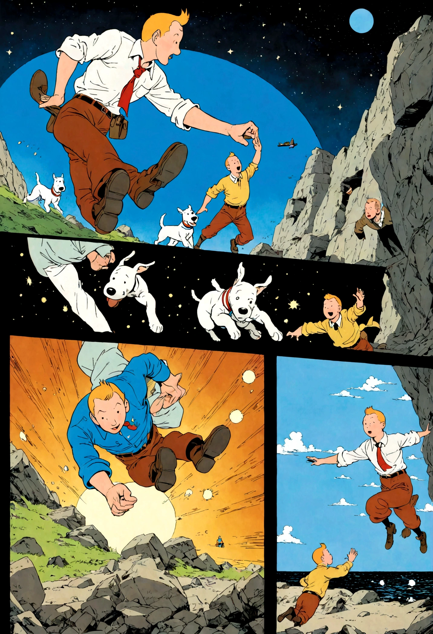 1boy, Tintin, "the adventures of tintin", by herge, a small white dog, dynamic pose, dramatic composition, cinematic camera angle, european comics, 90s cartoon art style, cinematic dynamic action scene, vibrant colors, cinematic lighting, dramatic lighting, best quality, masterpiece, very aesthetic, perfect composition, intricate details, ultra-detailed