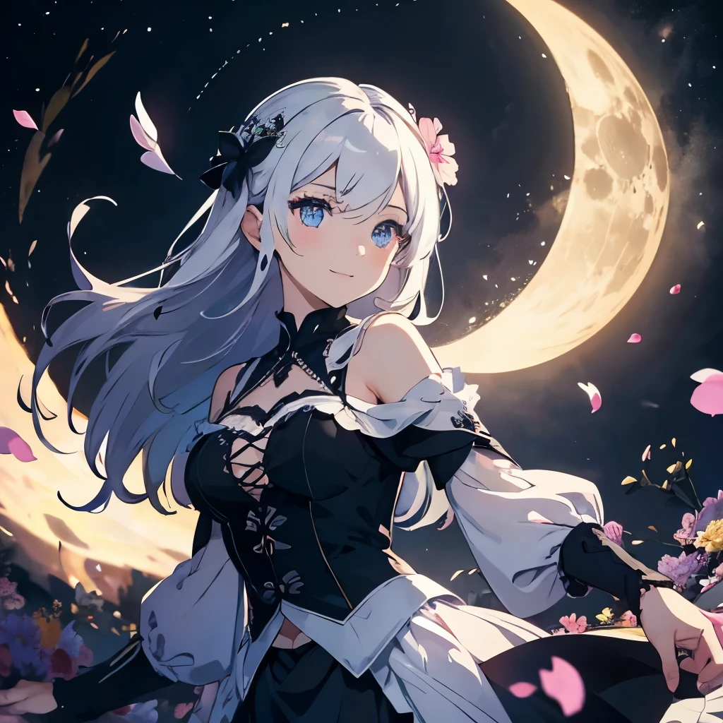 masterpiece, best quality, 1girl, (colorful),(delicate eyes and face), volumatic light, ray tracing, bust shot ,extremely detailed CG unity 8k wallpaper,solo,smile,intricate skirt,((flying petal)),(Flowery meadow) sky, cloudy_sky, moonlight, moon, night, (dark theme:1.3), light, fantasy, windy, magic sparks, dark castle,white hair