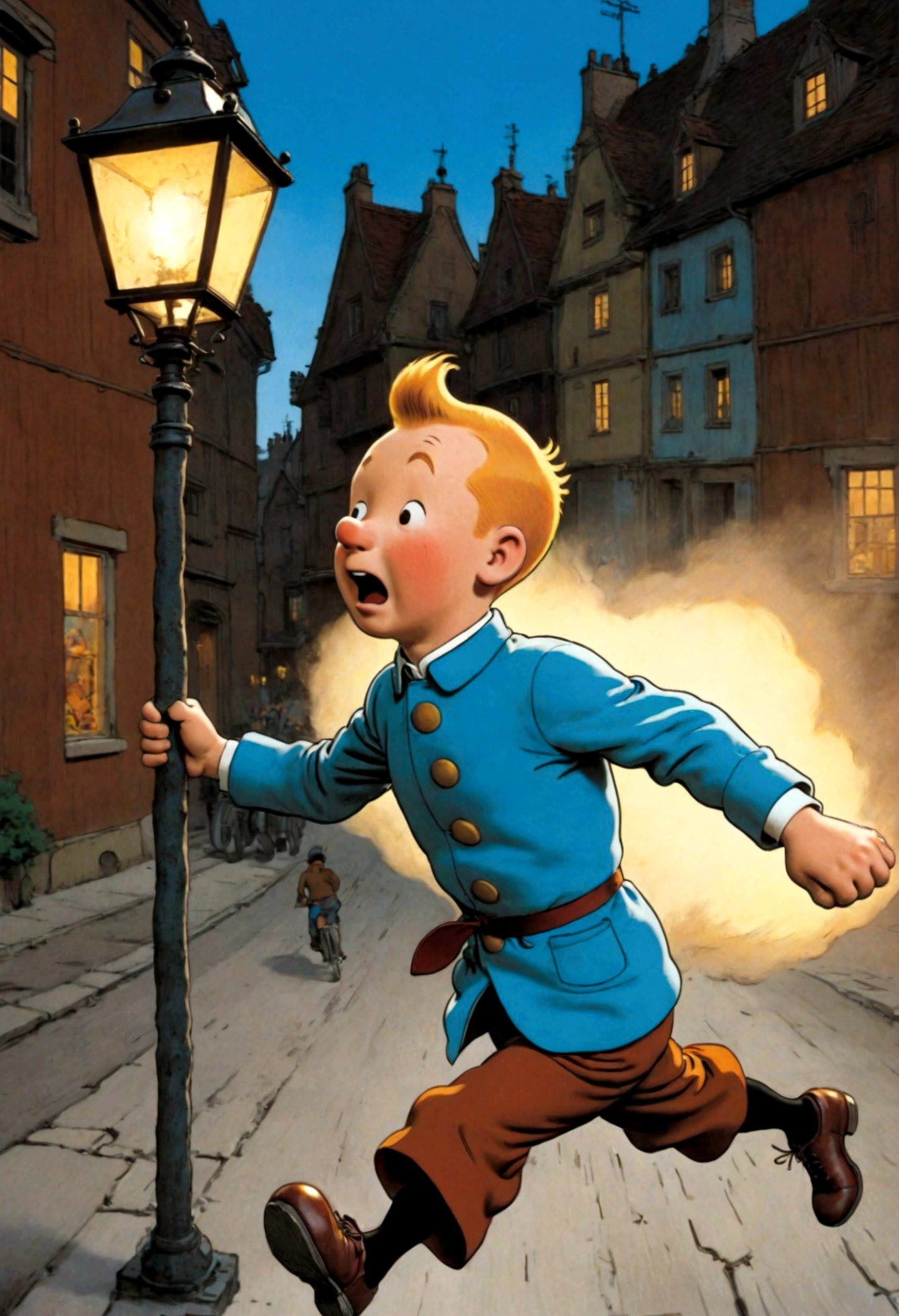 1boy, Tintin, "the adventures of tintin", by herge, run, Motion Blur, action-lines, speed-lines, dynamic pose, dramatic composition, cinematic camera angle, european comics, 90s cartoon art style, cinematic dynamic action scene, vibrant colors, cinematic lighting, dramatic lighting, best quality, masterpiece, very aesthetic, perfect composition, intricate details, ultra-detailed