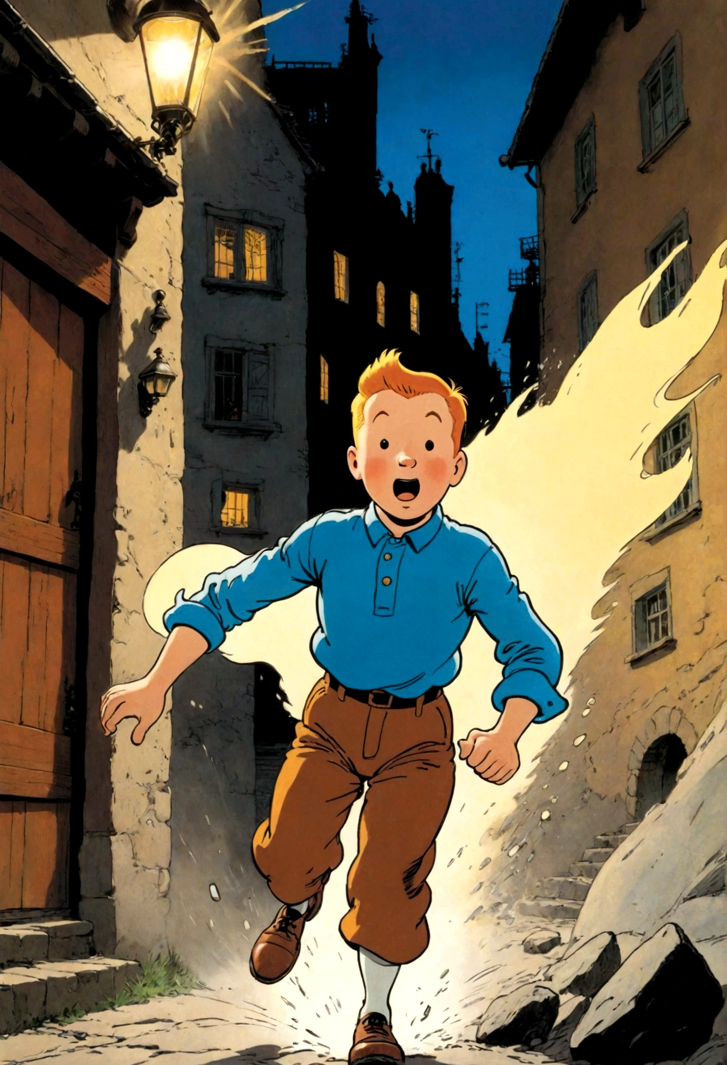 1boy, Tintin, "the adventures of tintin", by herge, run, Motion Blur, action-lines, speed-lines, dynamic pose, dramatic composition, cinematic camera angle, european comics, 90s cartoon art style, cinematic dynamic action scene, vibrant colors, cinematic lighting, dramatic lighting, best quality, masterpiece, very aesthetic, perfect composition, intricate details, ultra-detailed