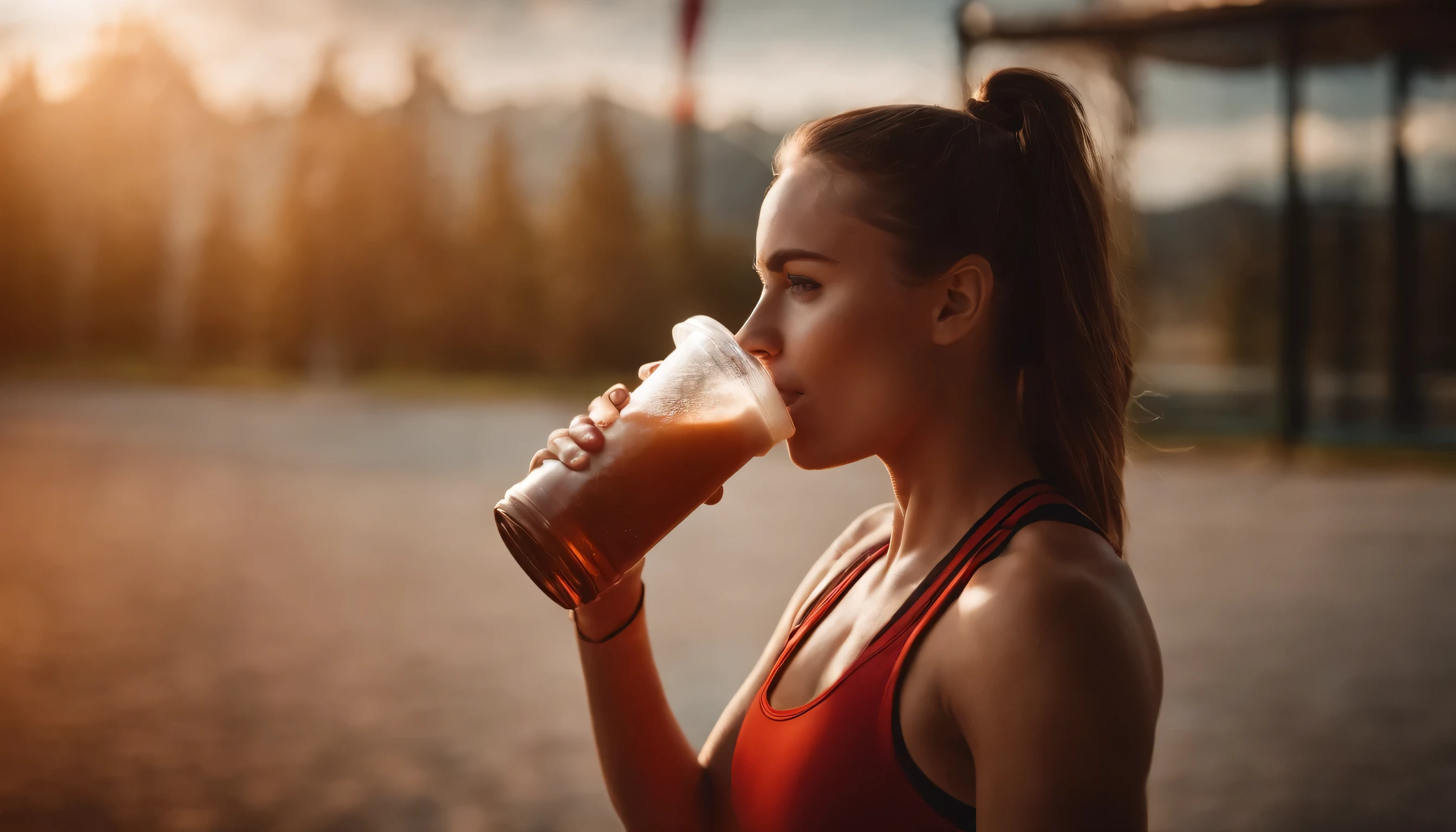 Photo of a sporty girl drinking sports nutrition from a shaker