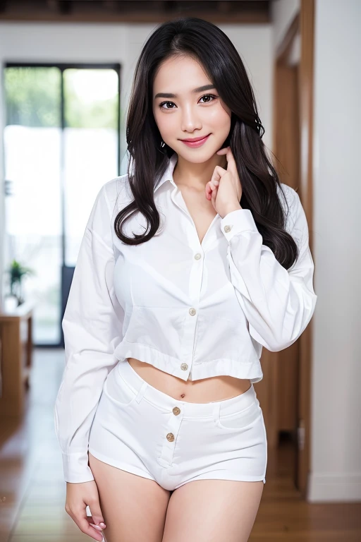 high-ranking woman、grinning expression、wearing a white shirt、studio photography、inside the house、one woman、white button shirt、大きなwhite button shirt、various poses、gravure、Only sexy black panties underneath、